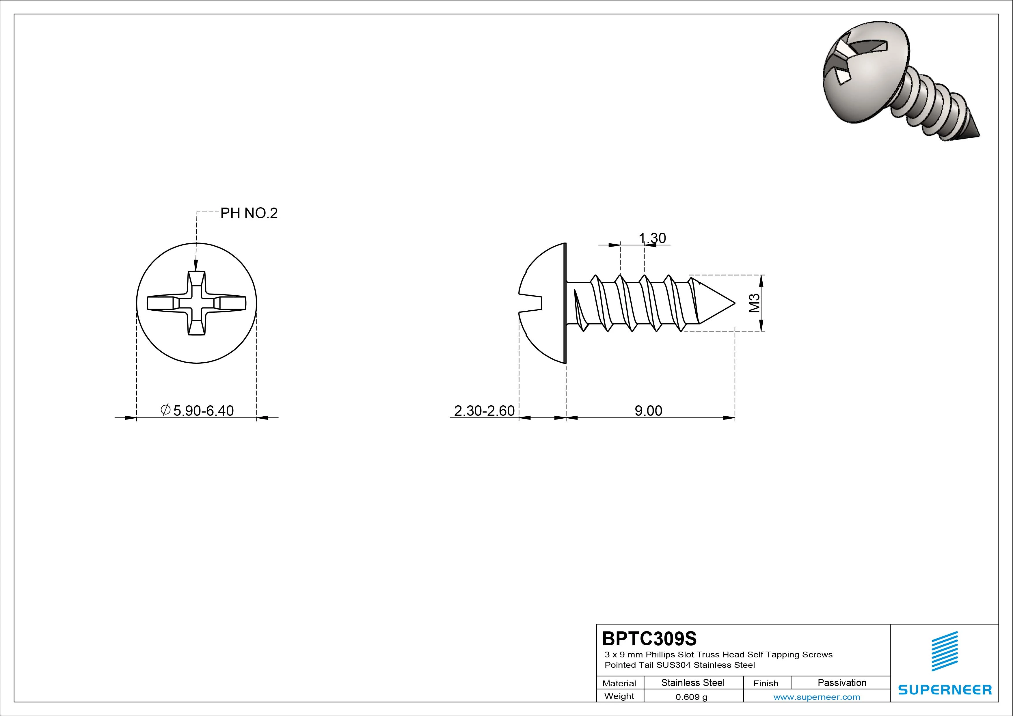3 x 9mm Phillips Slot Truss Head Self Tapping Screws Pointed Tail SUS304 Stainless Steel