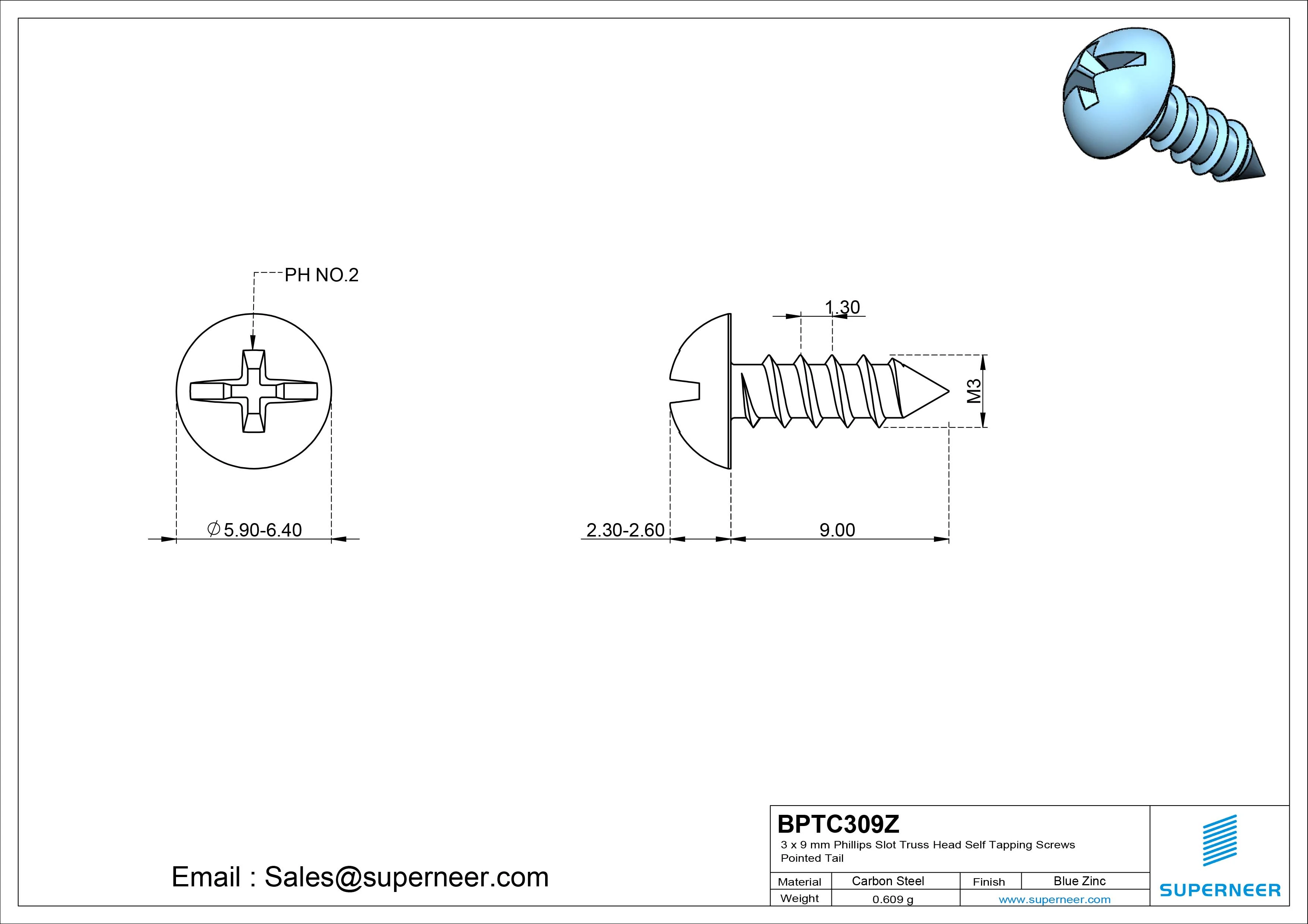 3 x 9mm Phillips Slot Truss Head Self Tapping Screws Pointed Tail Steel Blue Zinc Plated