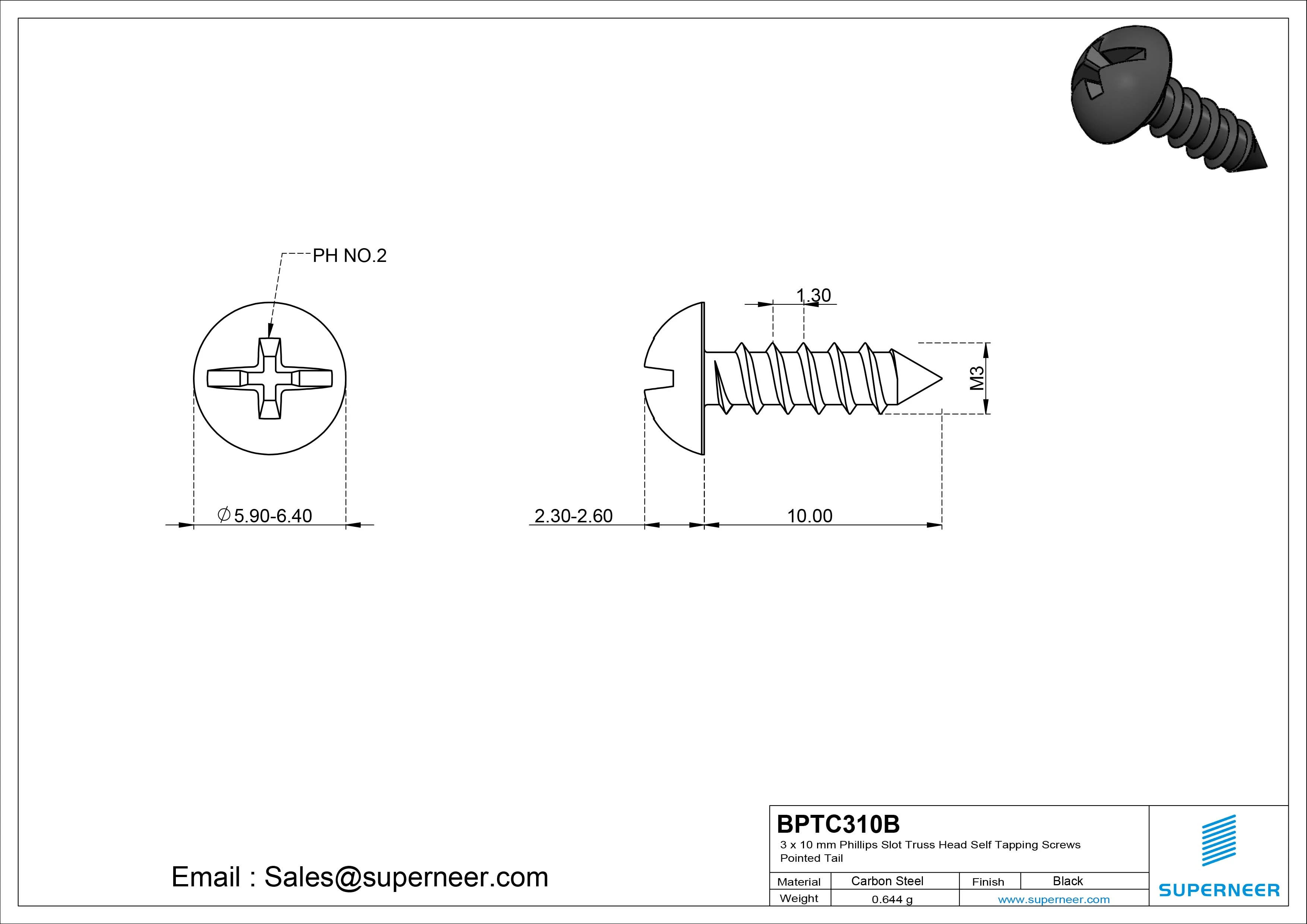 3 x 10mm Phillips Slot Truss Head Self Tapping Screws Pointed Tail Steel Black Zinc Plated