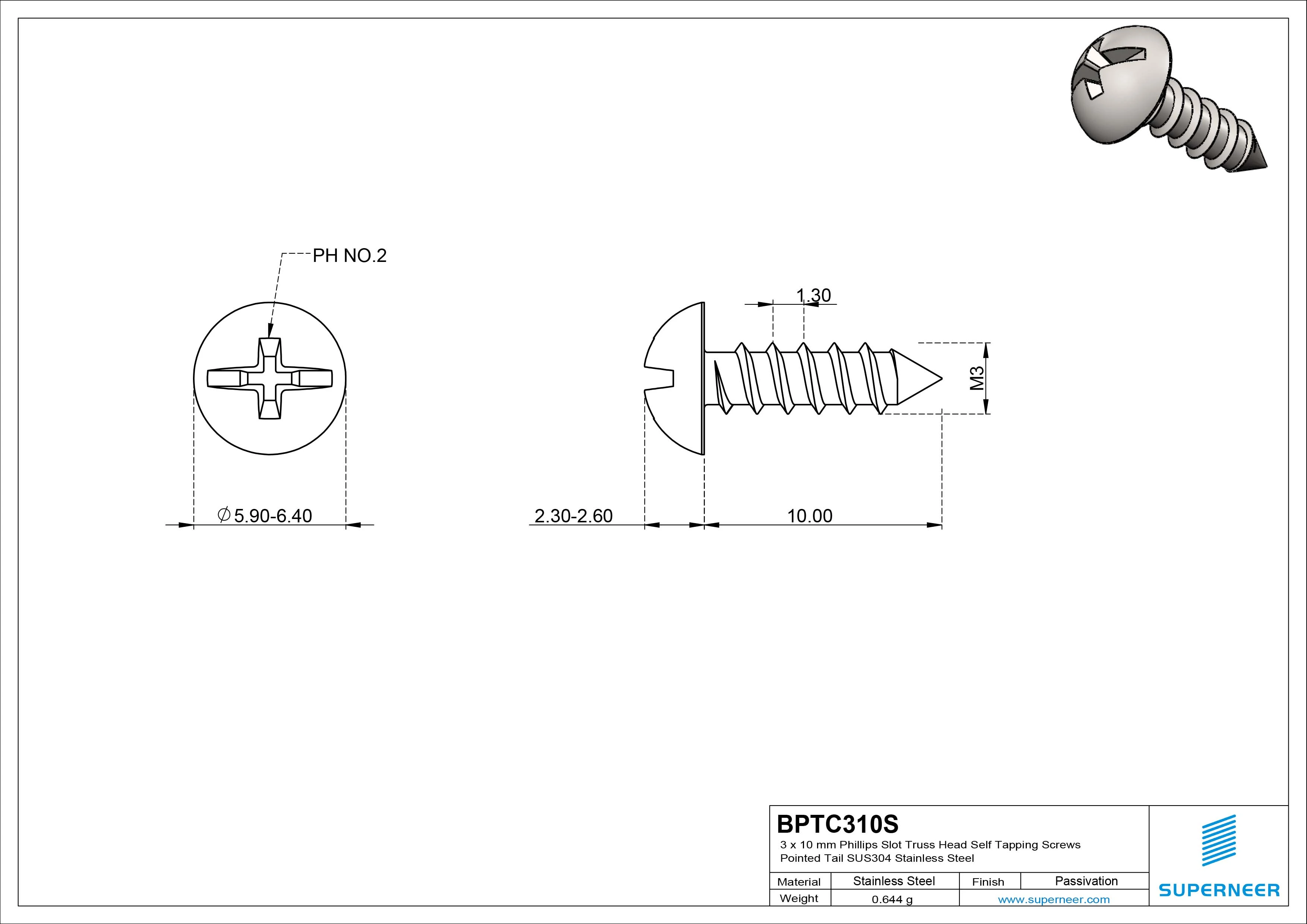 3 x 10mm Phillips Slot Truss Head Self Tapping Screws Pointed Tail SUS304 Stainless Steel