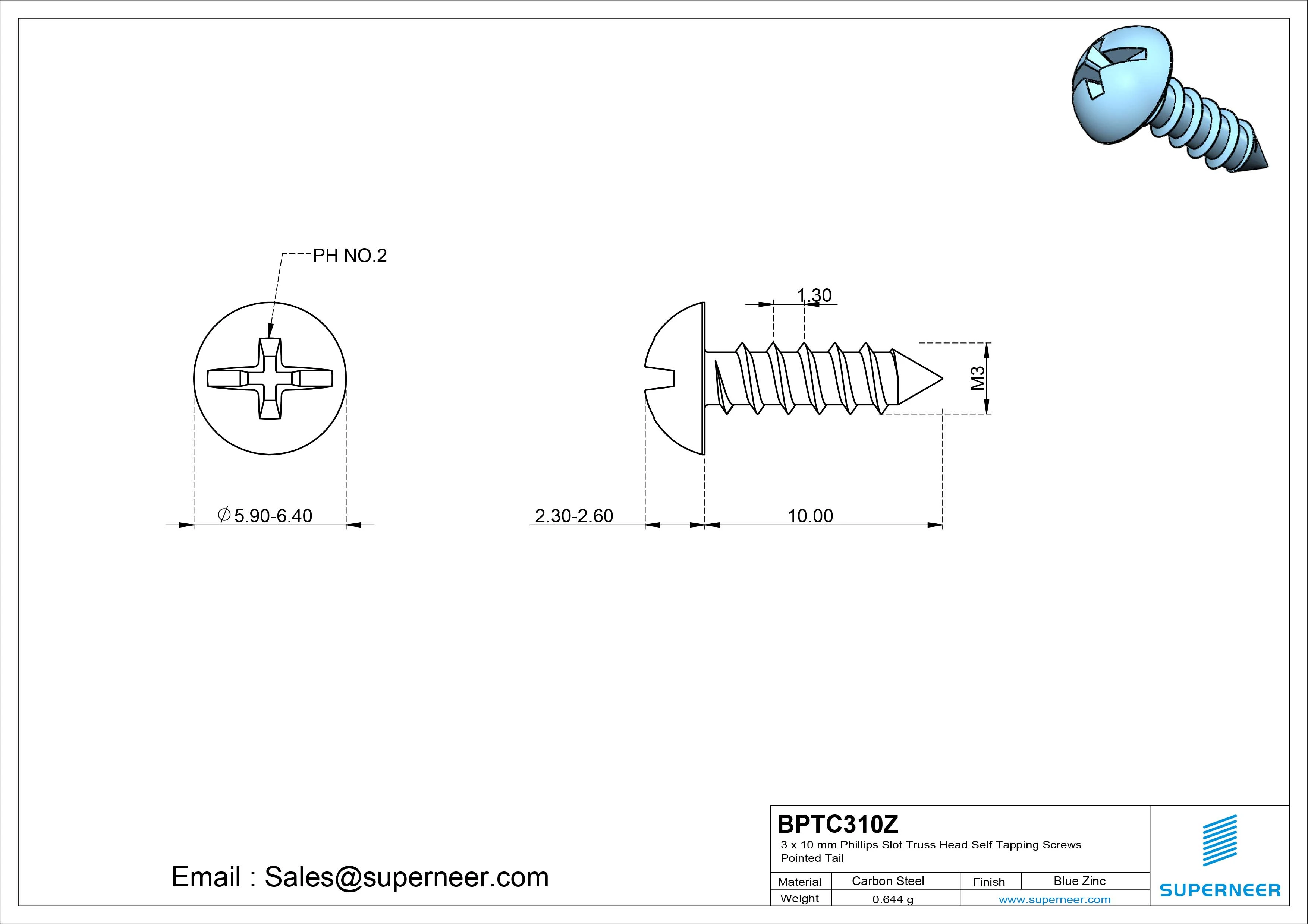3 x 10mm Phillips Slot Truss Head Self Tapping Screws Pointed Tail Steel Blue Zinc Plated