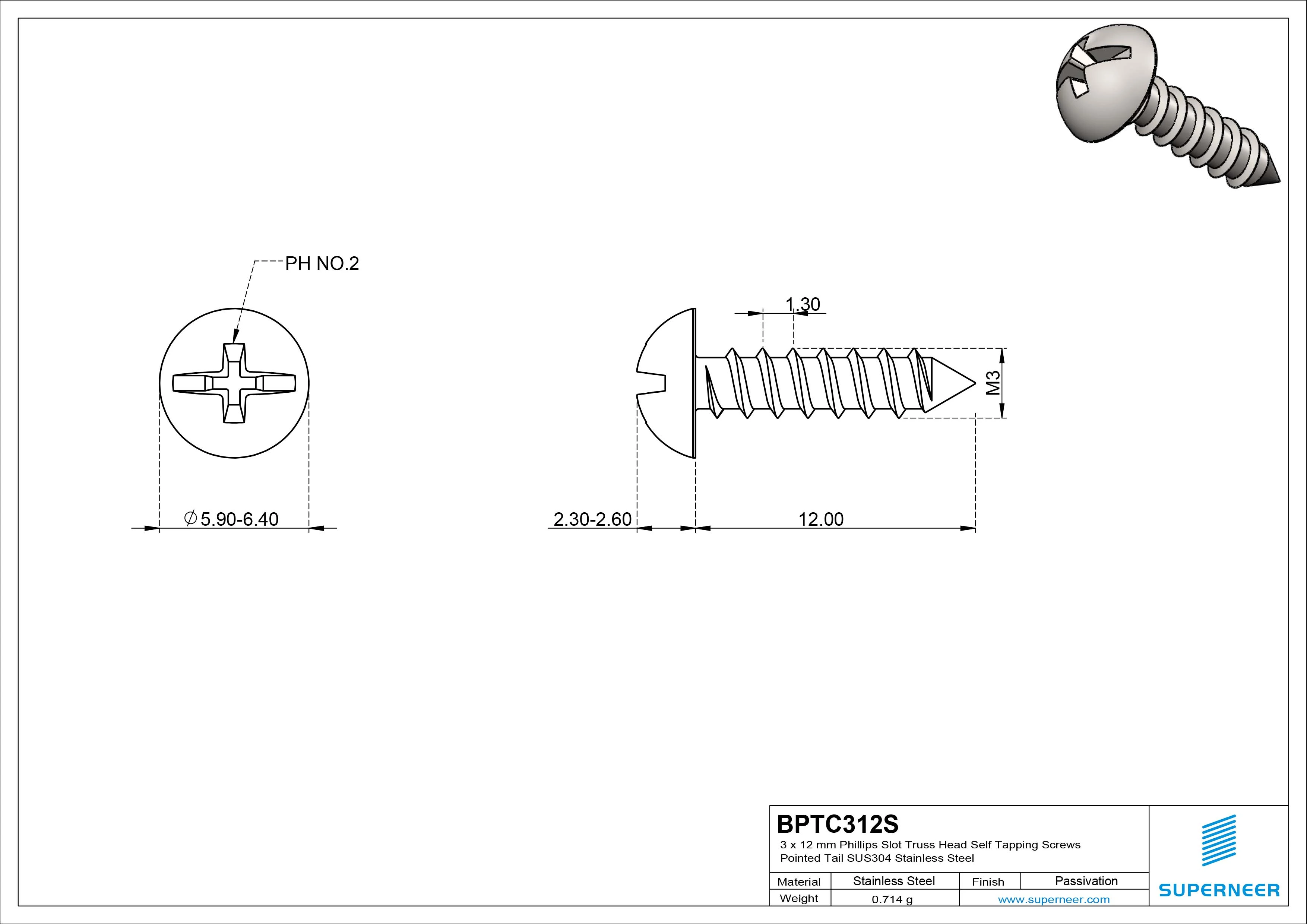 3 x 12mm Phillips Slot Truss Head Self Tapping Screws Pointed Tail SUS304 Stainless Steel