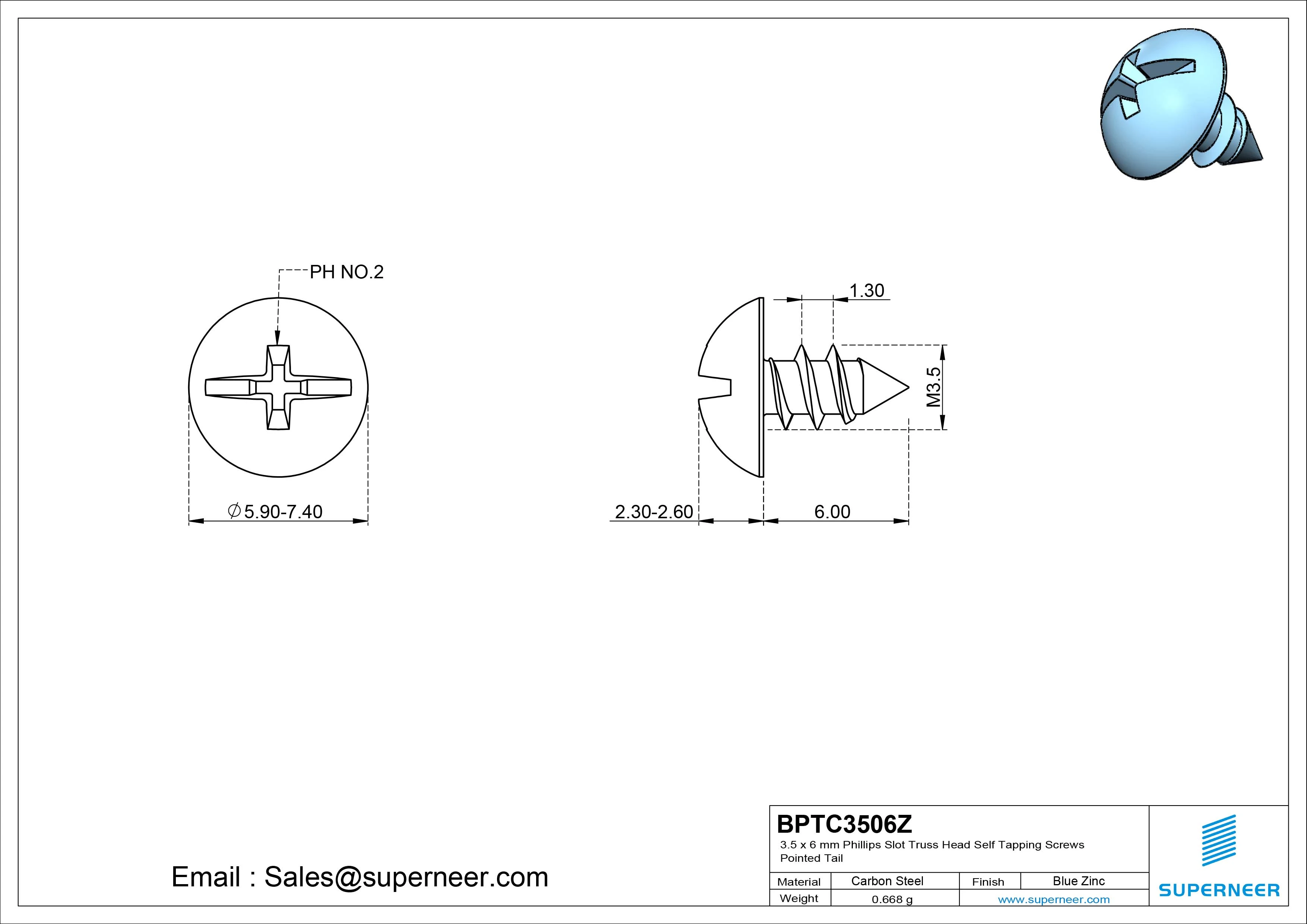 3.5 x 6mm Phillips Slot Truss Head Self Tapping Screws Pointed Tail Steel Blue Zinc Plated