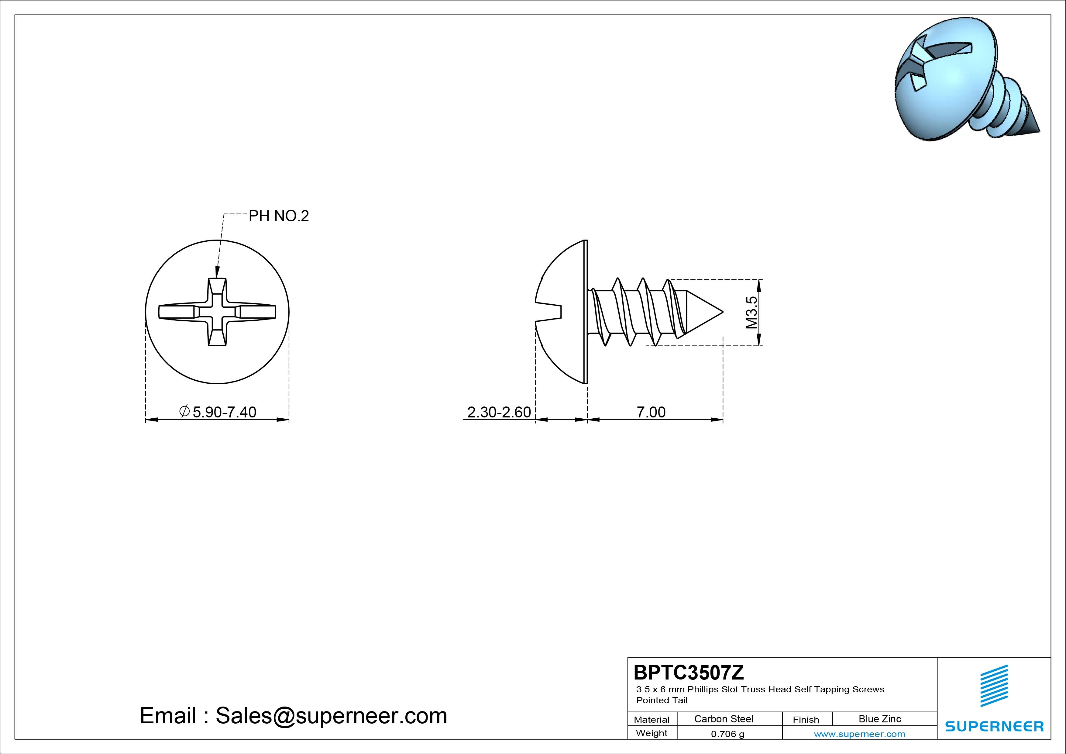 3.5 x 7mm Phillips Slot Truss Head Self Tapping Screws Pointed Tail Steel Blue Zinc Plated
