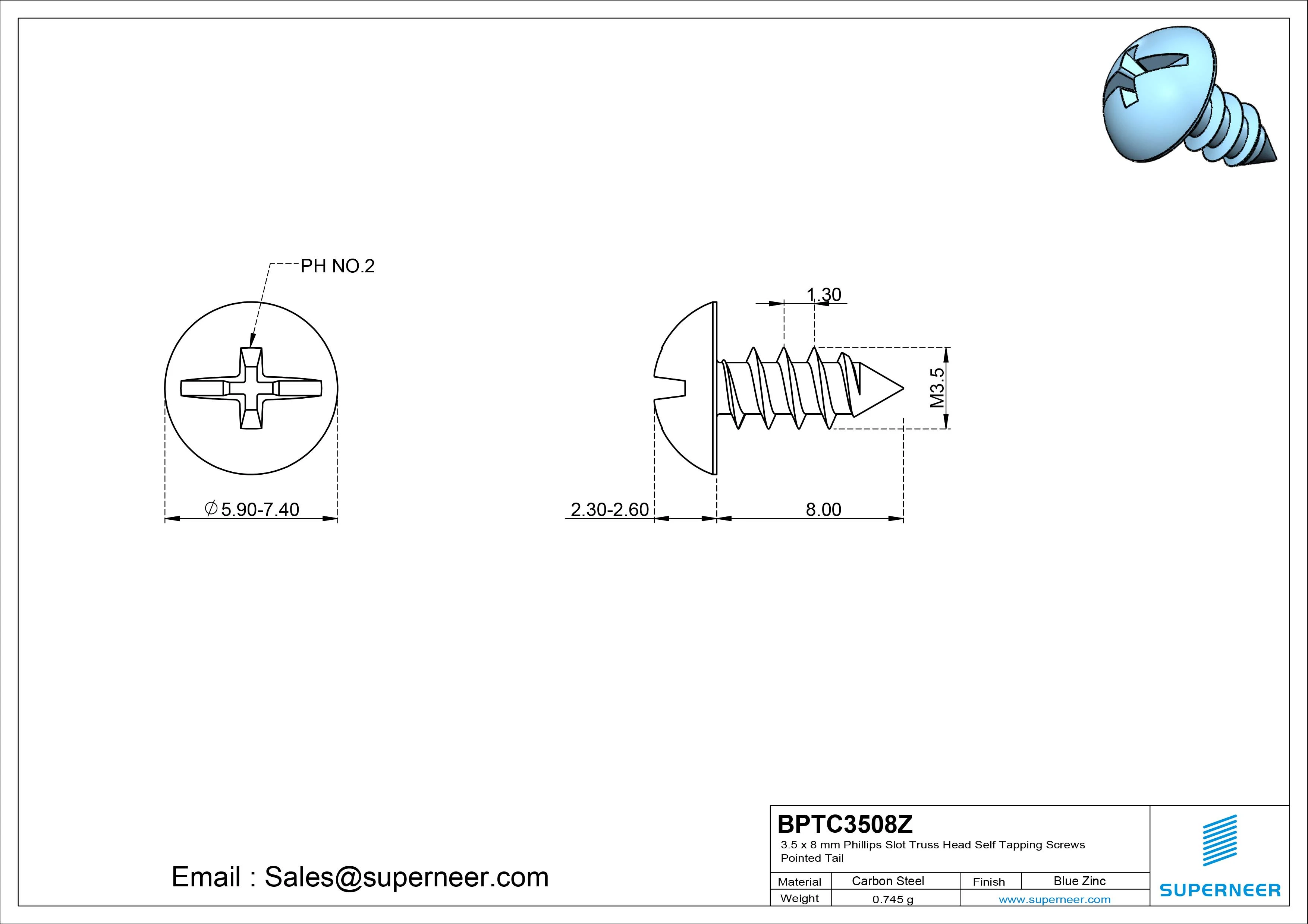 3.5 x 8mm Phillips Slot Truss Head Self Tapping Screws Pointed Tail Steel Blue Zinc Plated