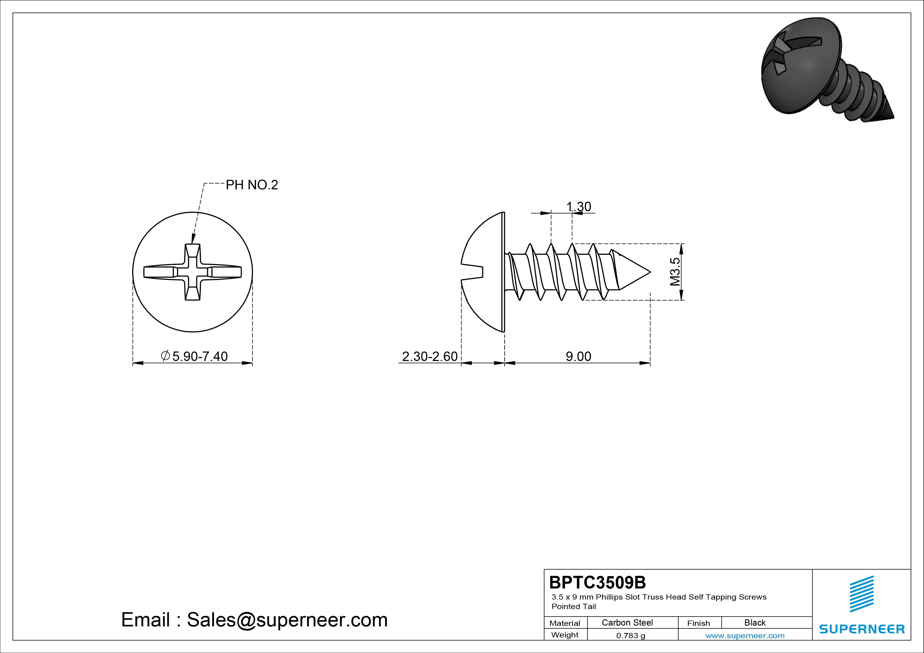 3.5 x 9mm Phillips Slot Truss Head Self Tapping Screws Pointed Tail Steel Black Zinc Plated