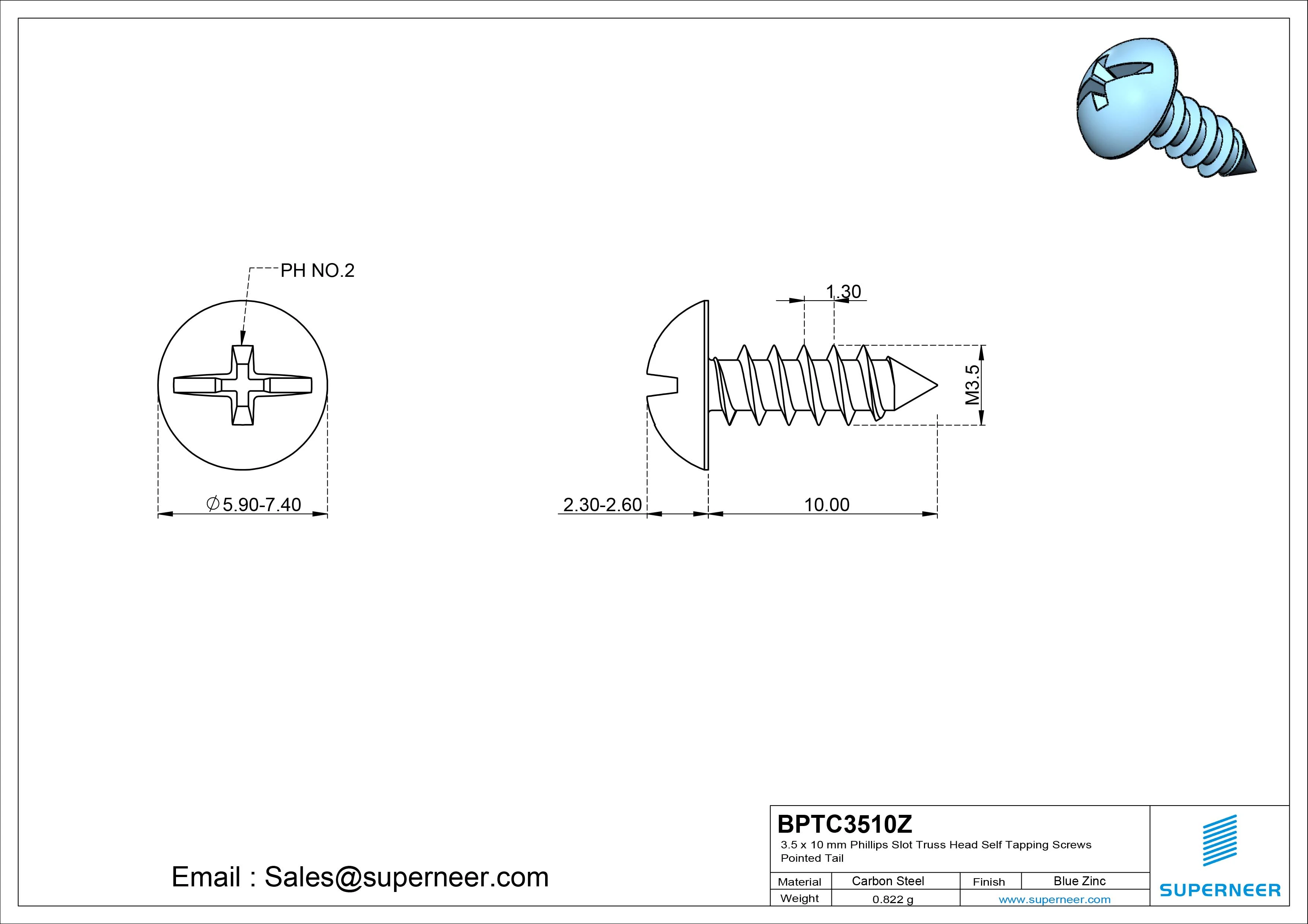 3.5 x 10mm Phillips Slot Truss Head Self Tapping Screws Pointed Tail Steel Blue Zinc Plated