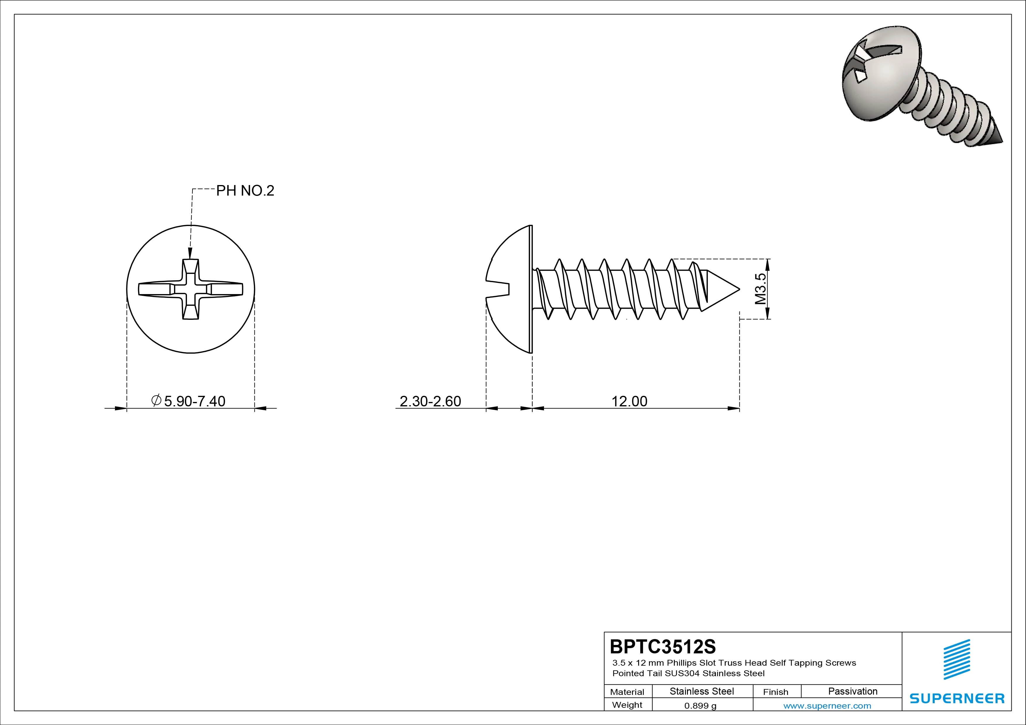 3.5 x 12mm Phillips Slot Truss Head Self Tapping Screws Pointed Tail SUS304 Stainless Steel