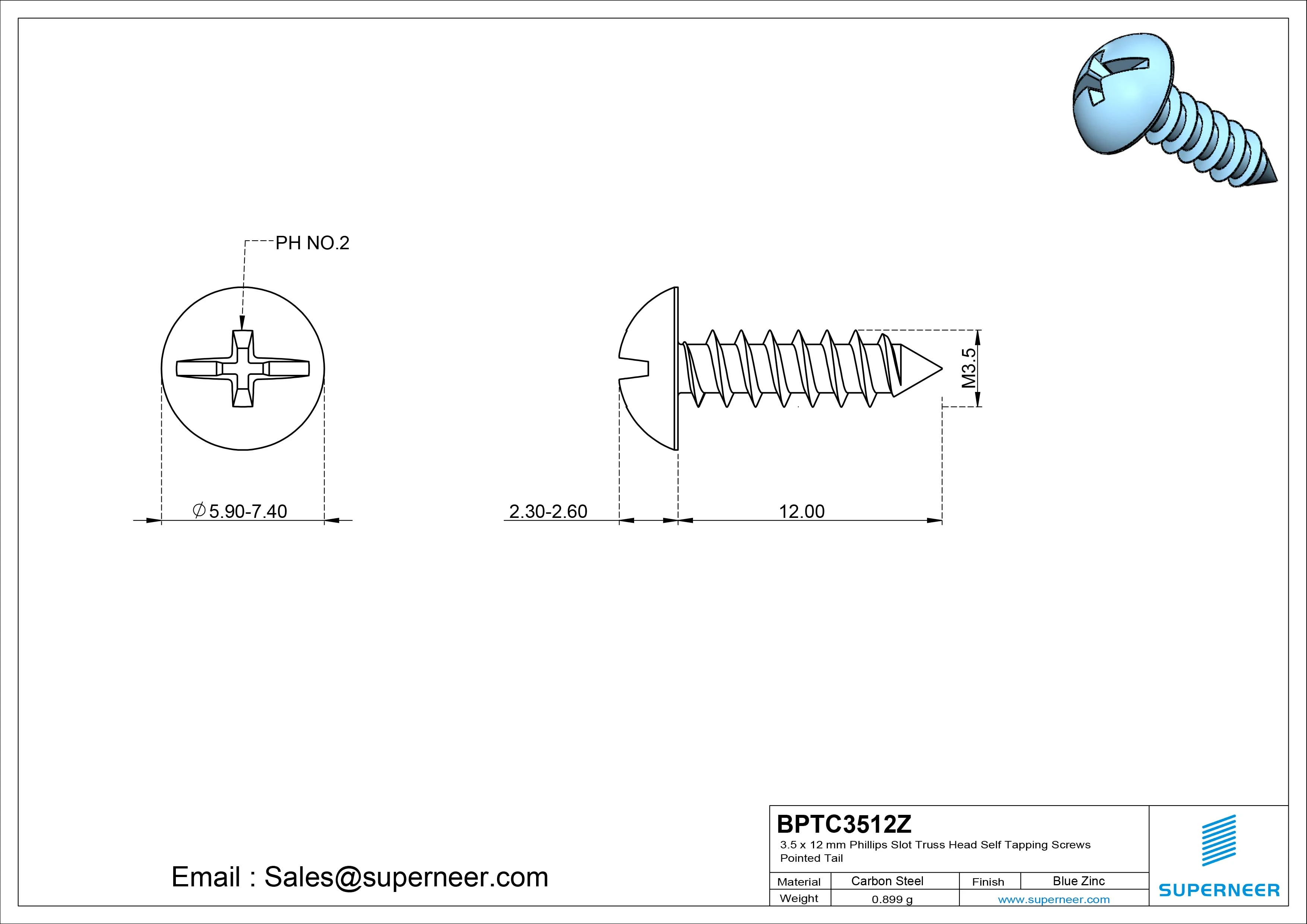 3.5 x 12mm Phillips Slot Truss Head Self Tapping Screws Pointed Tail Steel Blue Zinc Plated
