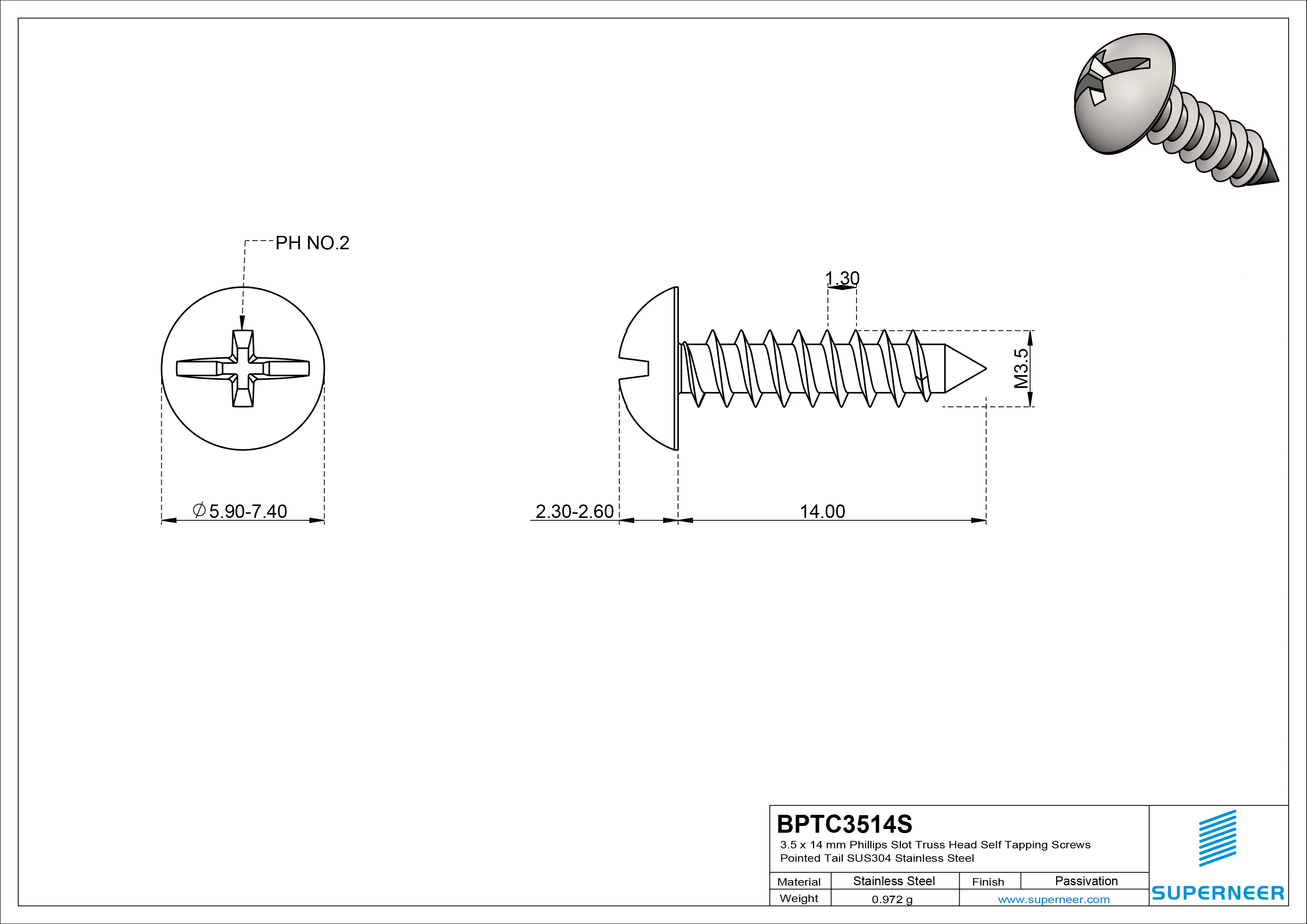 3.5 x 14mm Phillips Slot Truss Head Self Tapping Screws Pointed Tail SUS304 Stainless Steel