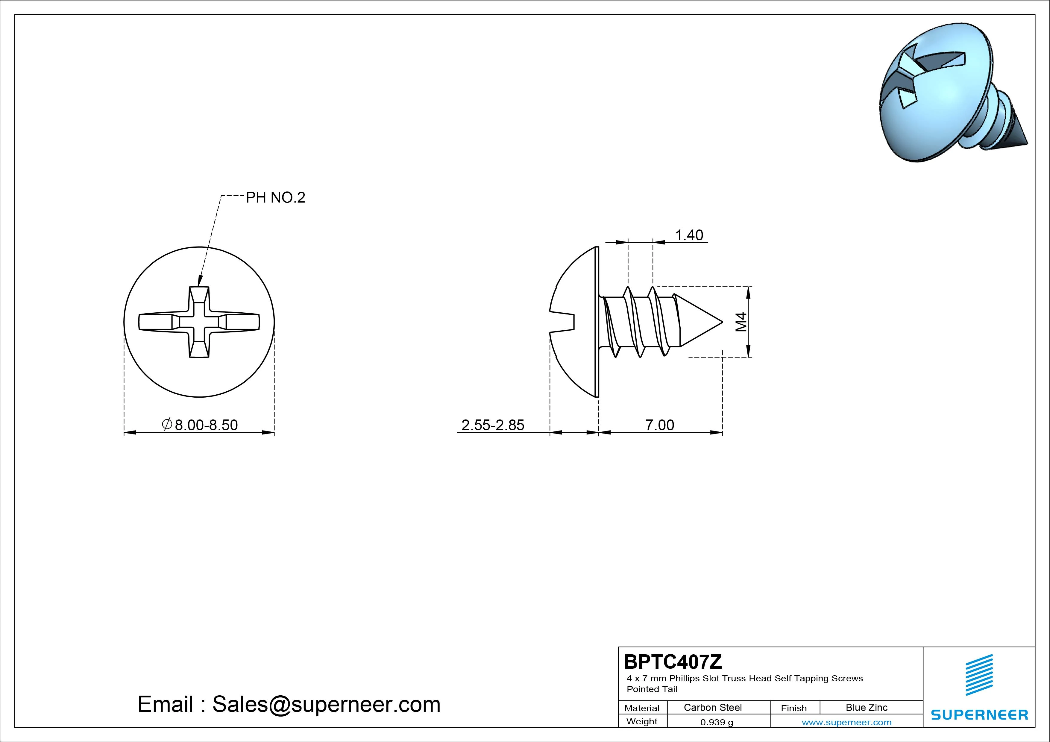 4 x 7mm Phillips Slot Truss Head Self Tapping Screws Pointed Tail Steel Blue Zinc Plated