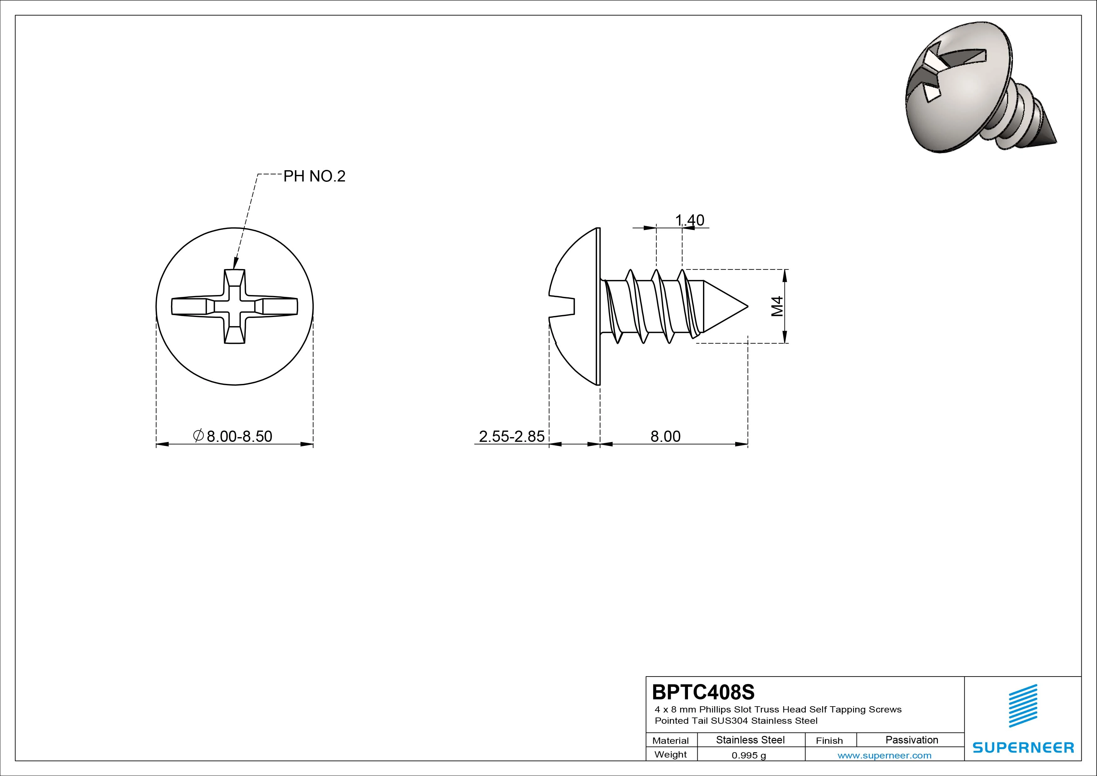 4 x 8mm Phillips Slot Truss Head Self Tapping Screws Pointed Tail SUS304 Stainless Steel