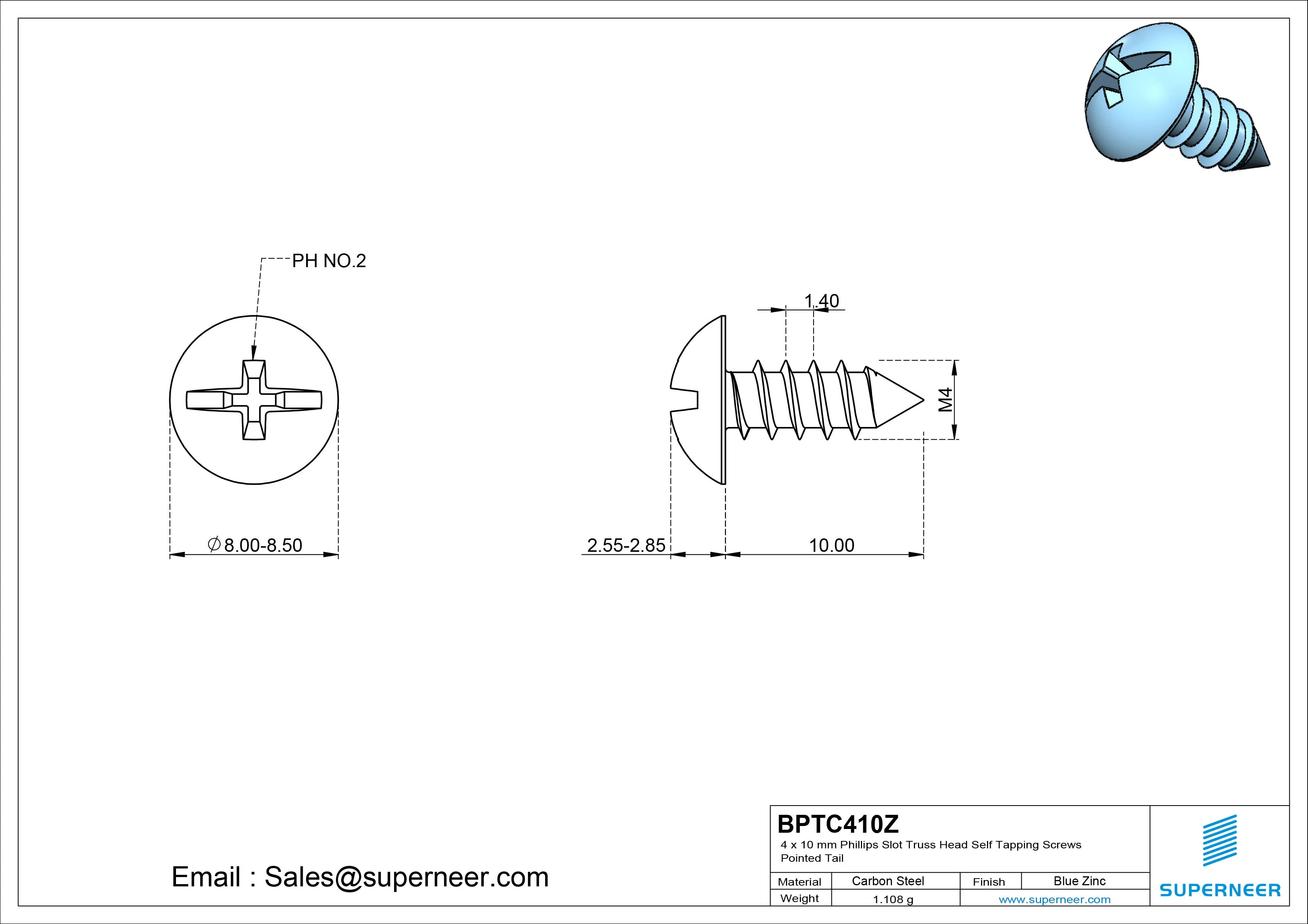 4 x 10mm Phillips Slot Truss Head Self Tapping Screws Pointed Tail Steel Blue Zinc Plated