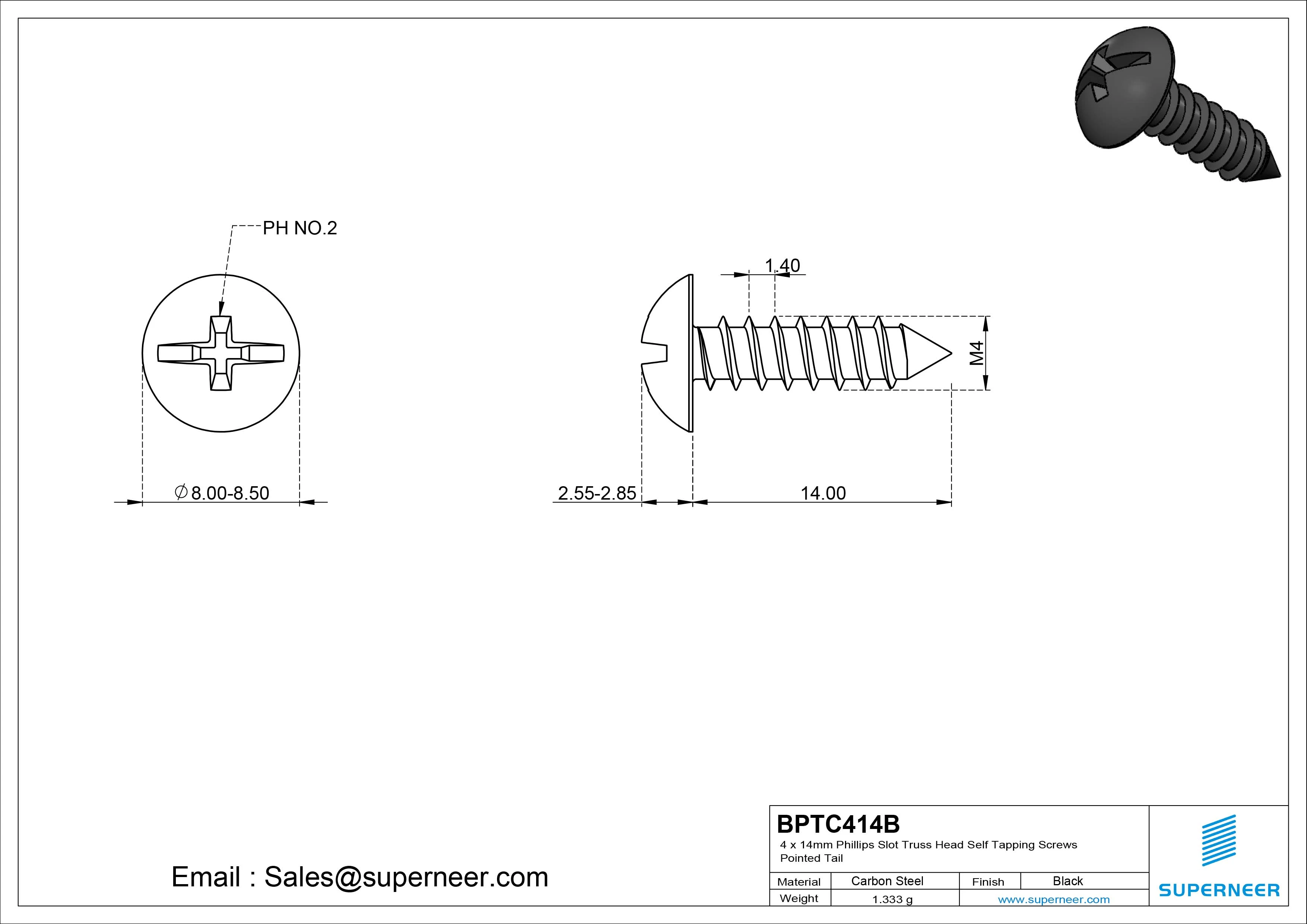 4 x 14mm Phillips Slot Truss Head Self Tapping Screws Pointed Tail Steel Black Zinc Plated