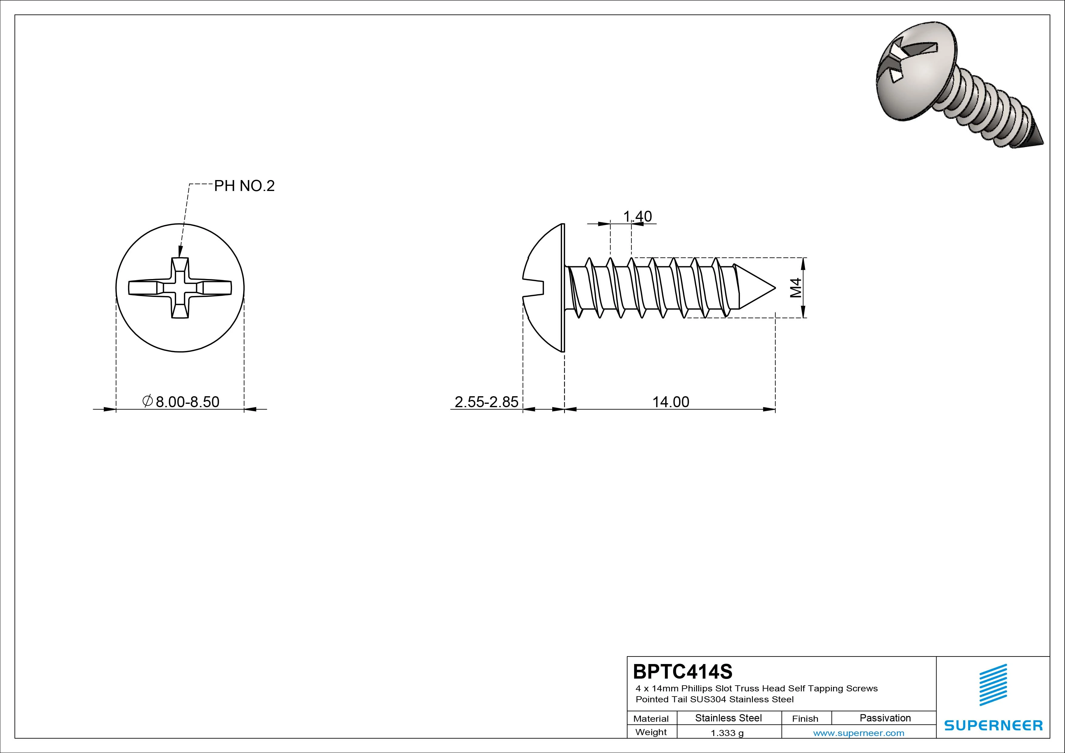 4 x 14mm Phillips Slot Truss Head Self Tapping Screws Pointed Tail SUS304 Stainless Steel