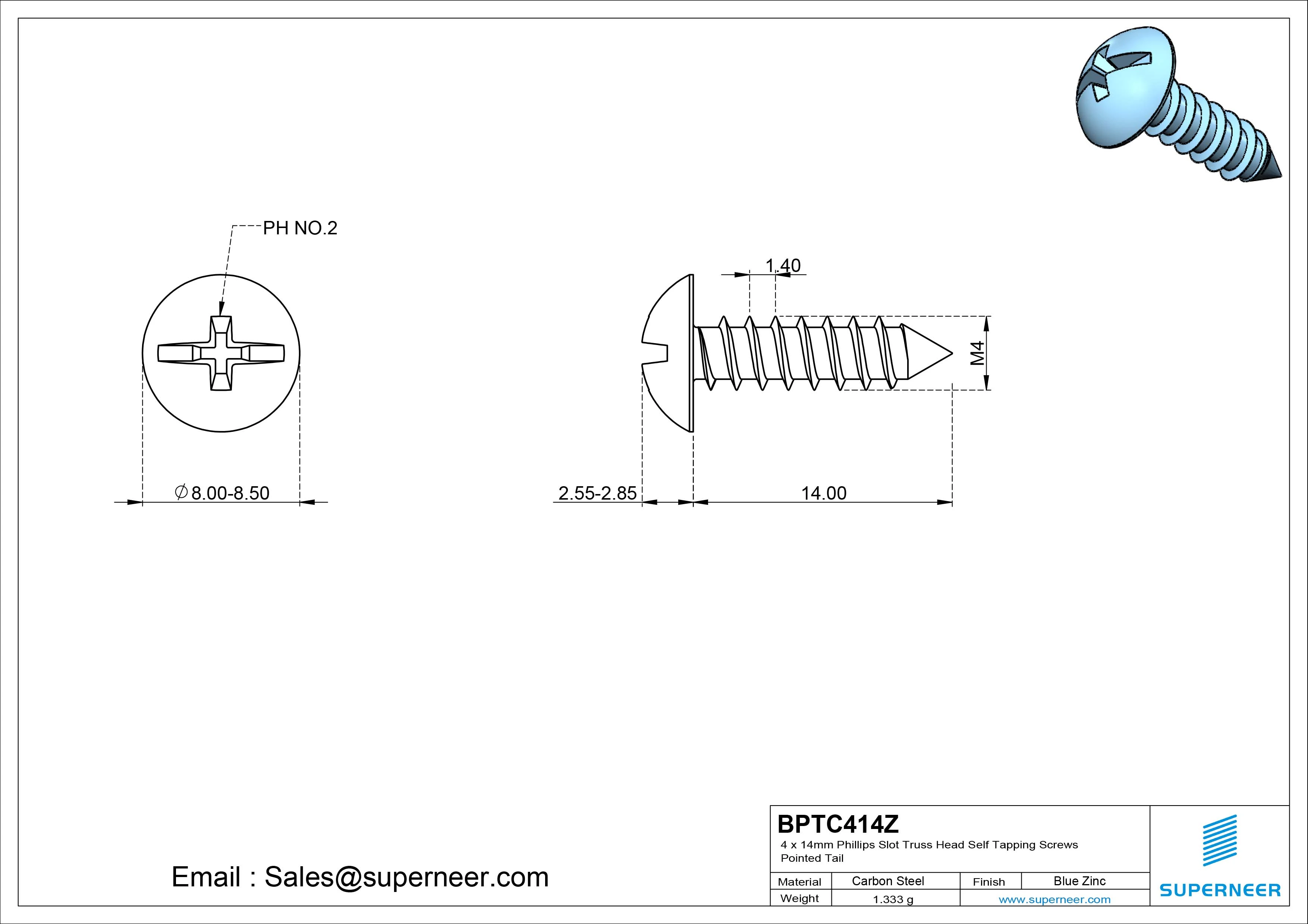4 x 14mm Phillips Slot Truss Head Self Tapping Screws Pointed Tail Steel Blue Zinc Plated