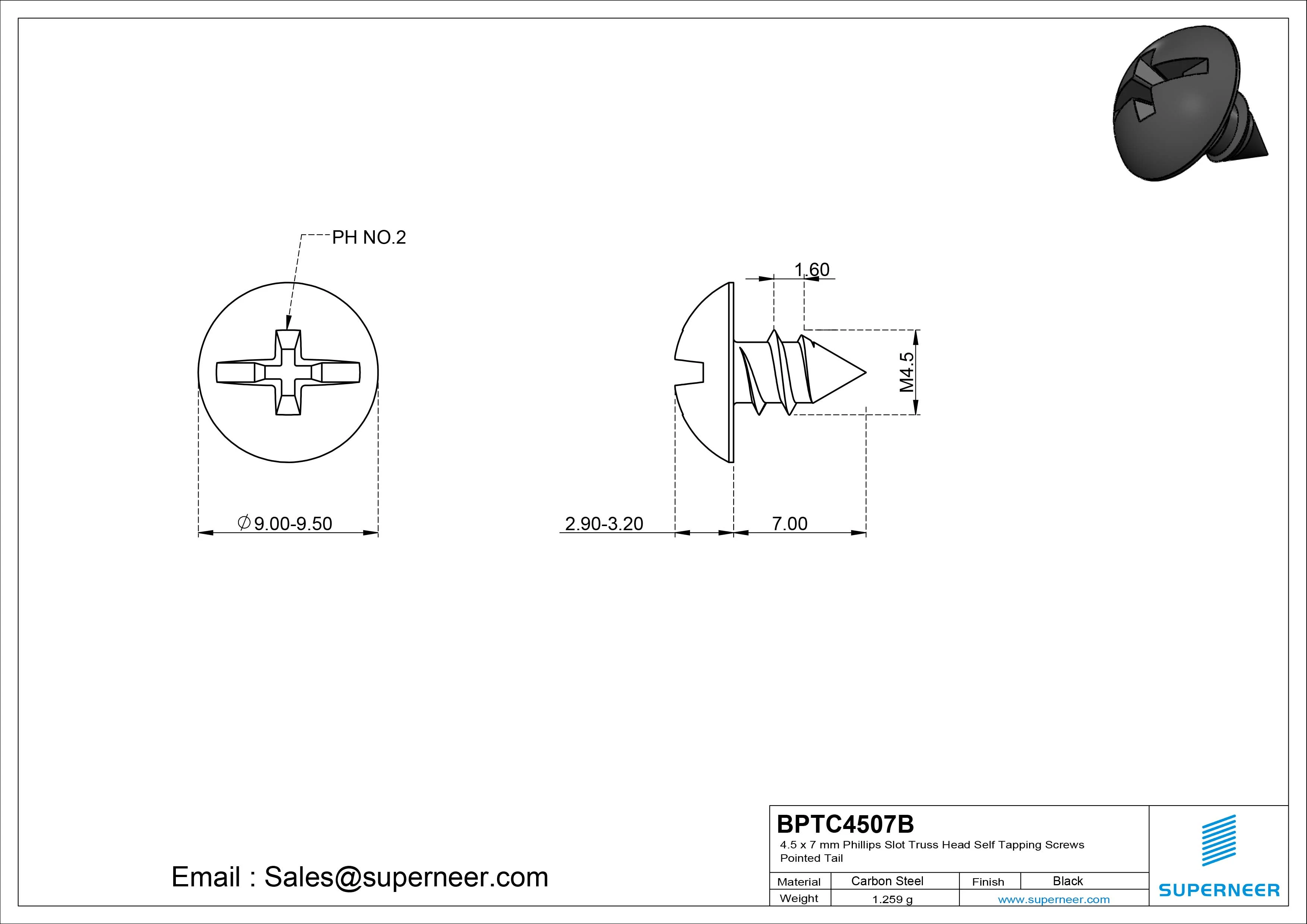 4.5 x 7mm Phillips Slot Truss Head Self Tapping Screws Pointed Tail Steel Black Zinc Plated