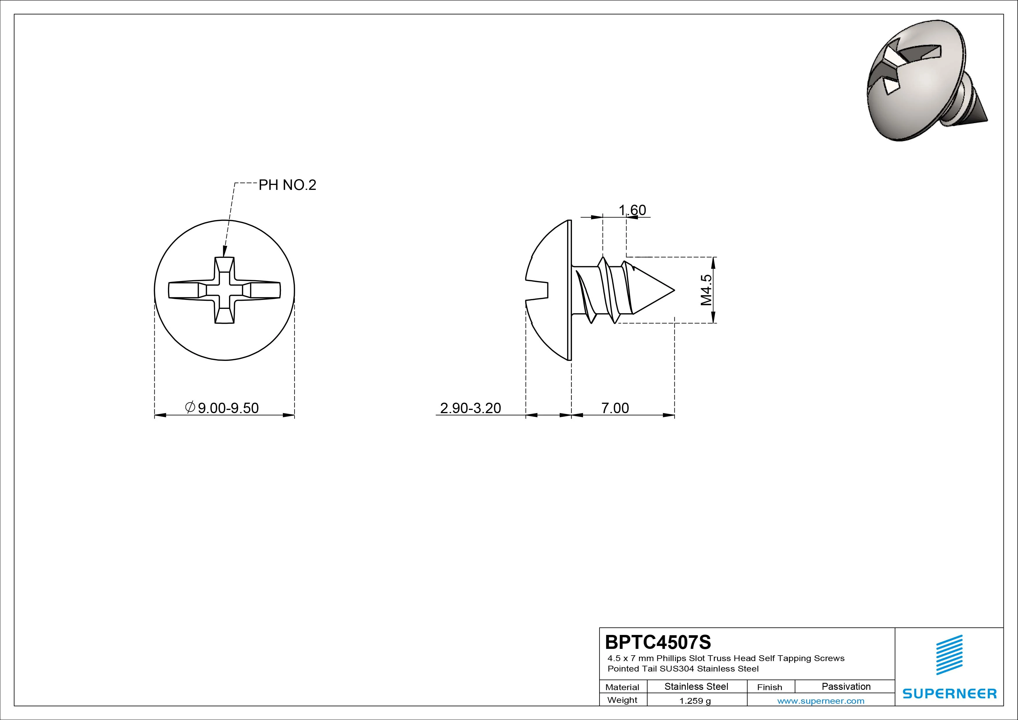 4.5 x 7mm Phillips Slot Truss Head Self Tapping Screws Pointed Tail SUS304 Stainless Steel