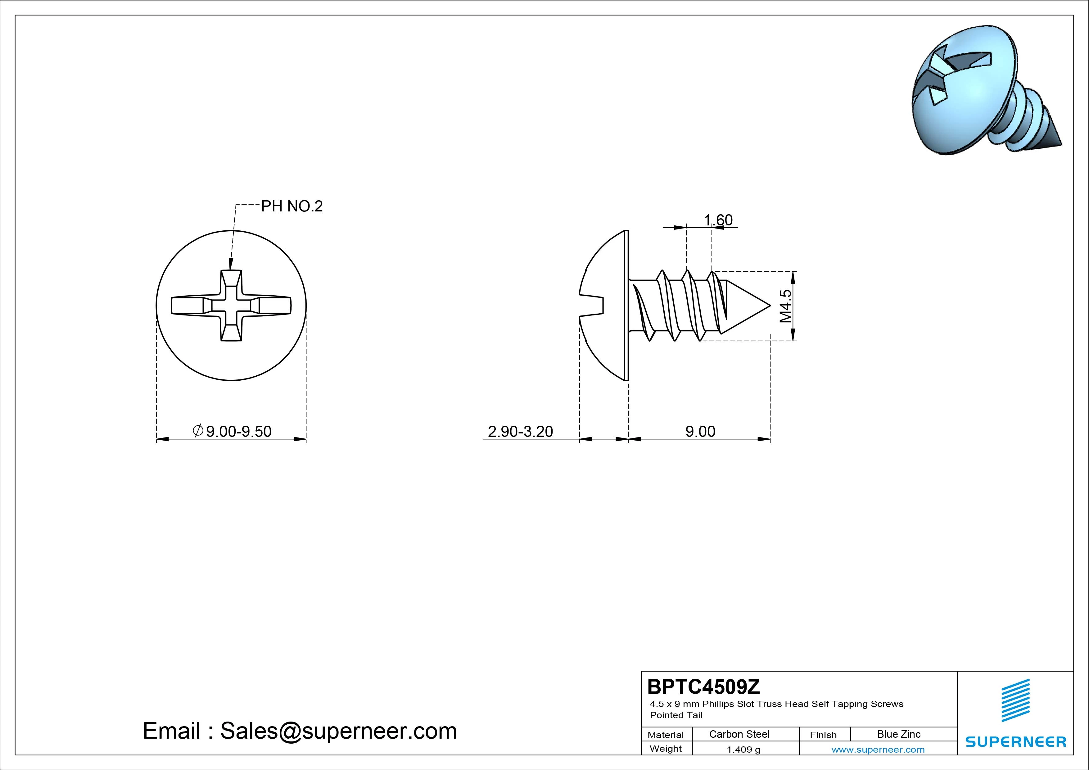 4.5 x 9mm Phillips Slot Truss Head Self Tapping Screws Pointed Tail Steel Blue Zinc Plated