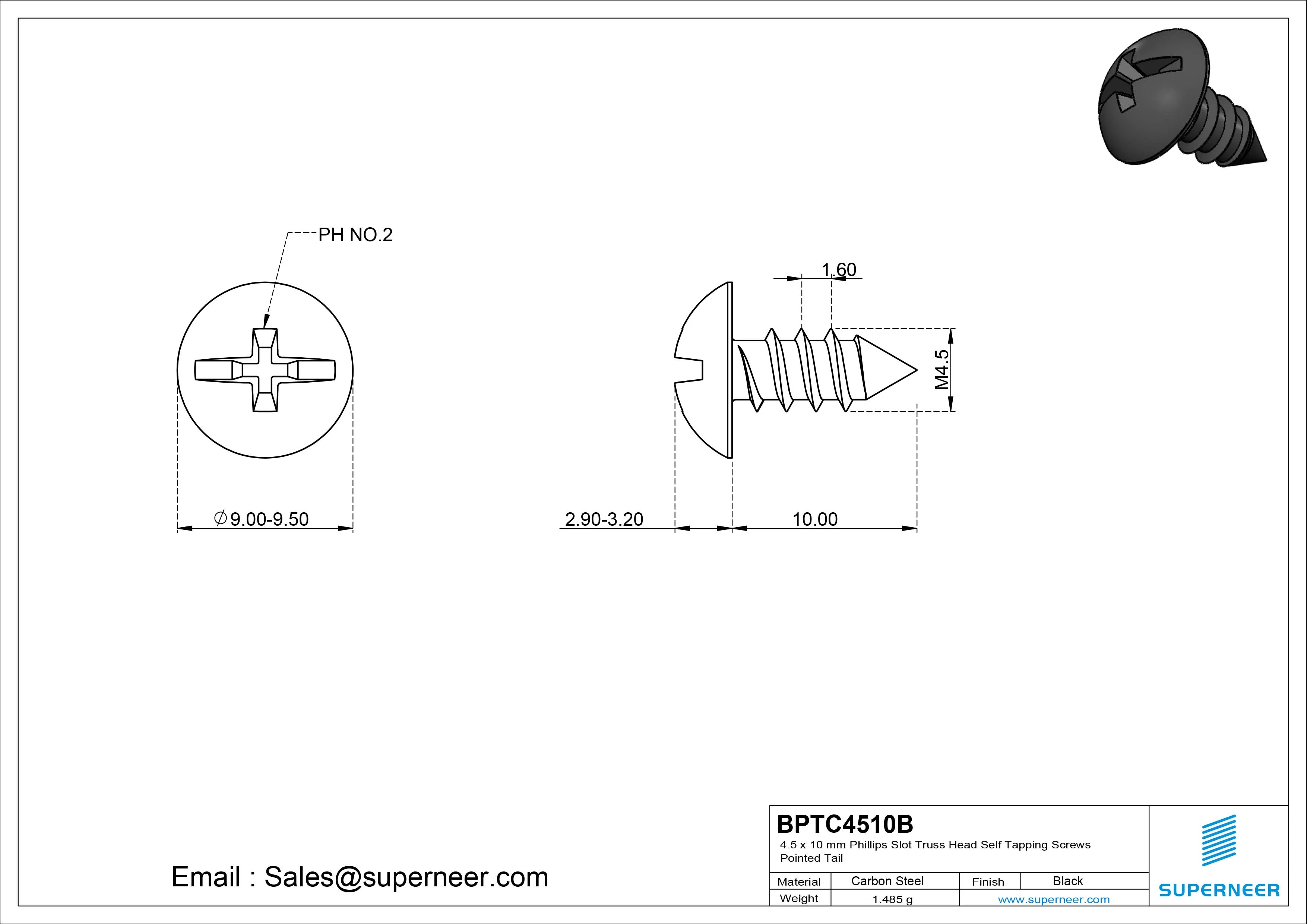 4.5 x 10mm Phillips Slot Truss Head Self Tapping Screws Pointed Tail Steel Black Zinc Plated