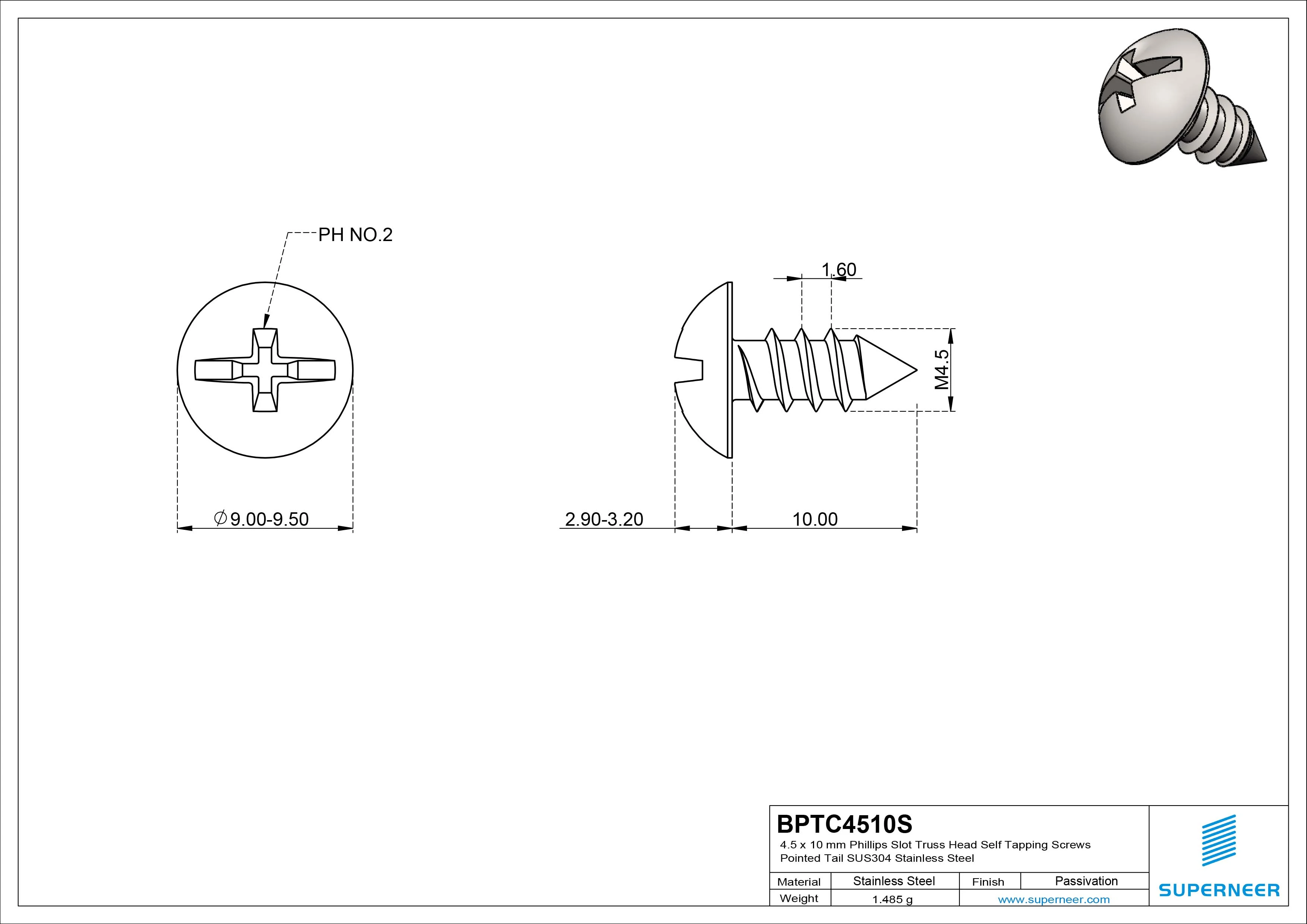 4.5 x 10mm Phillips Slot Truss Head Self Tapping Screws Pointed Tail SUS304 Stainless Steel