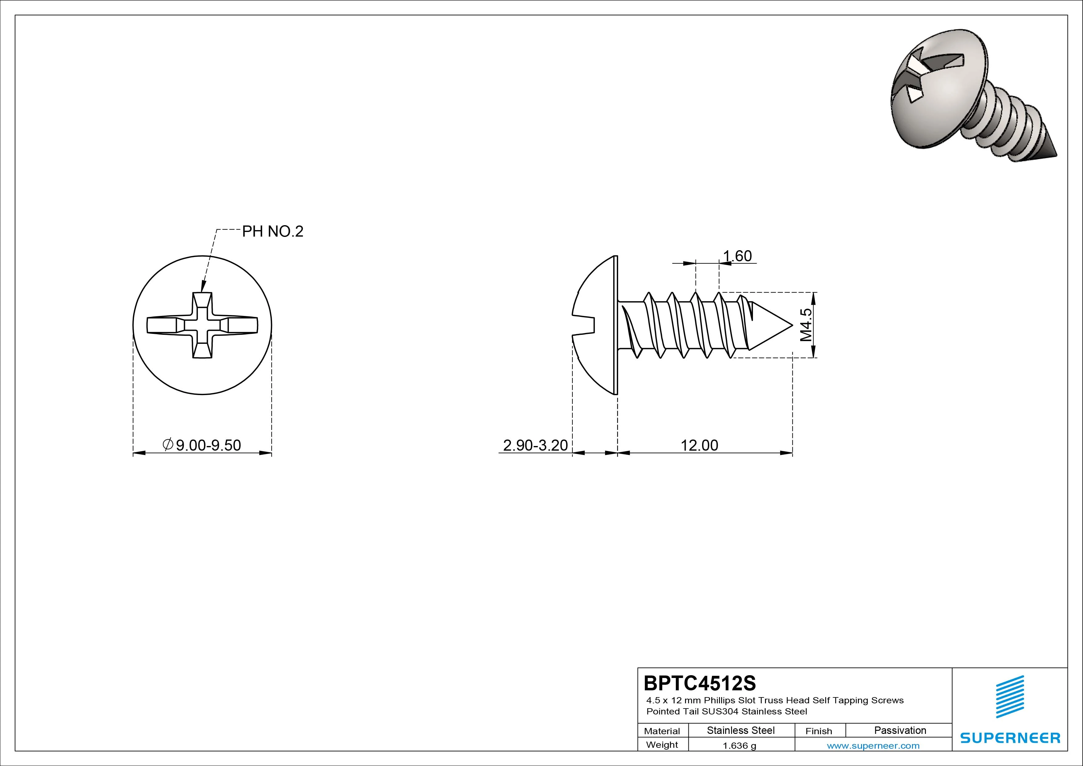 4.5 x 12mm Phillips Slot Truss Head Self Tapping Screws Pointed Tail SUS304 Stainless Steel