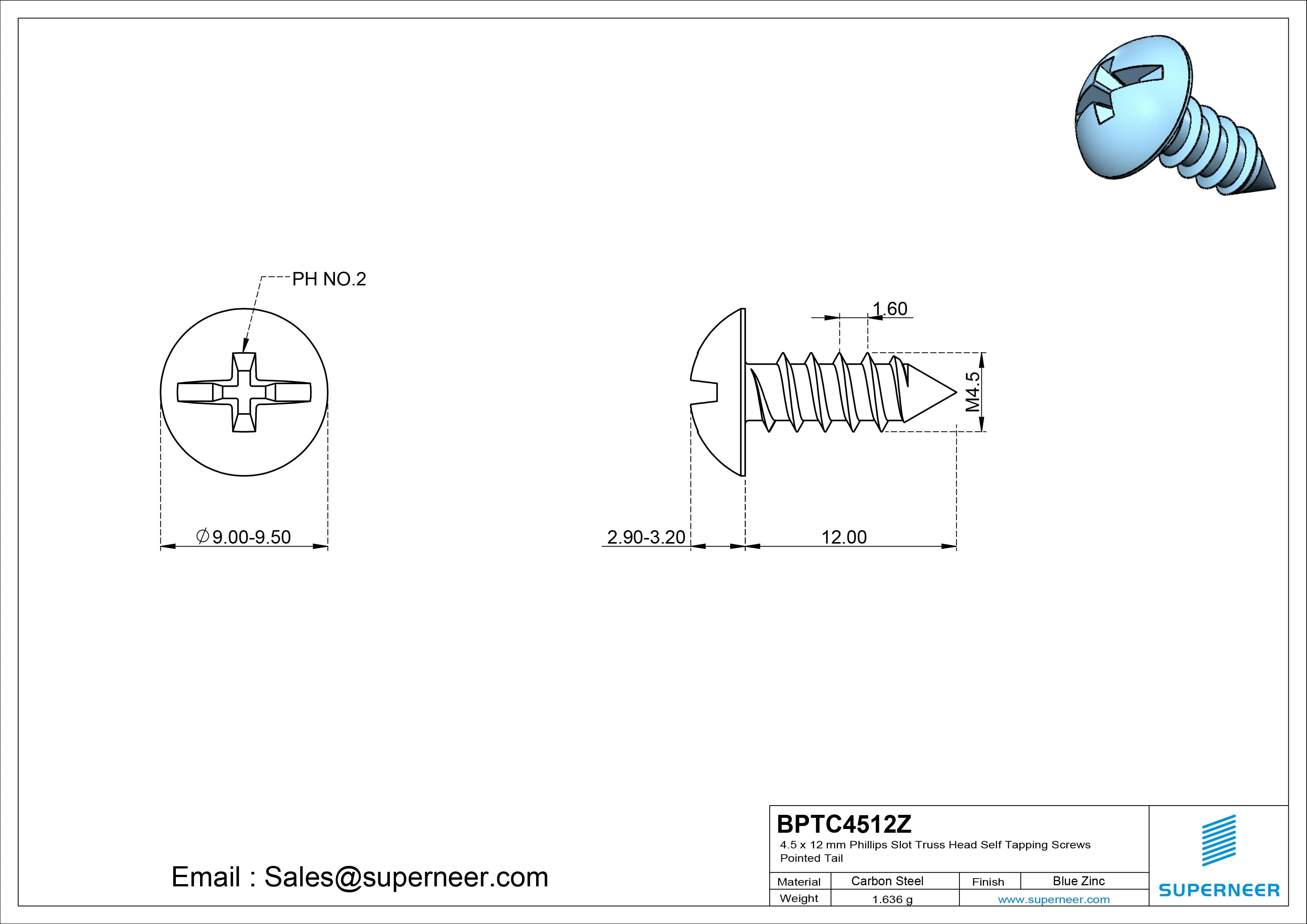 4.5 x 12mm Phillips Slot Truss Head Self Tapping Screws Pointed Tail Steel Blue Zinc Plated