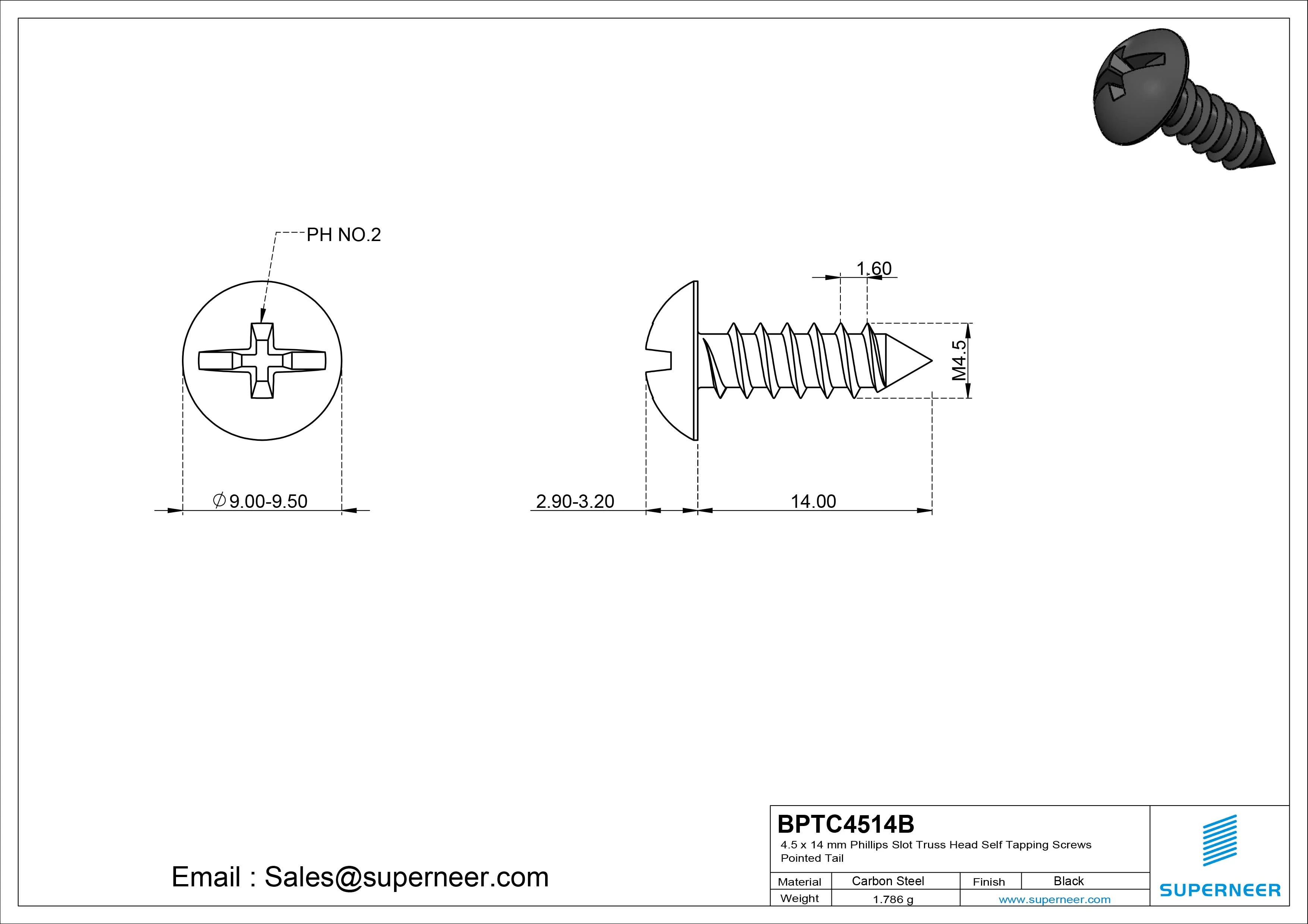4.5 x 14mm Phillips Slot Truss Head Self Tapping Screws Pointed Tail Steel Black Zinc Plated