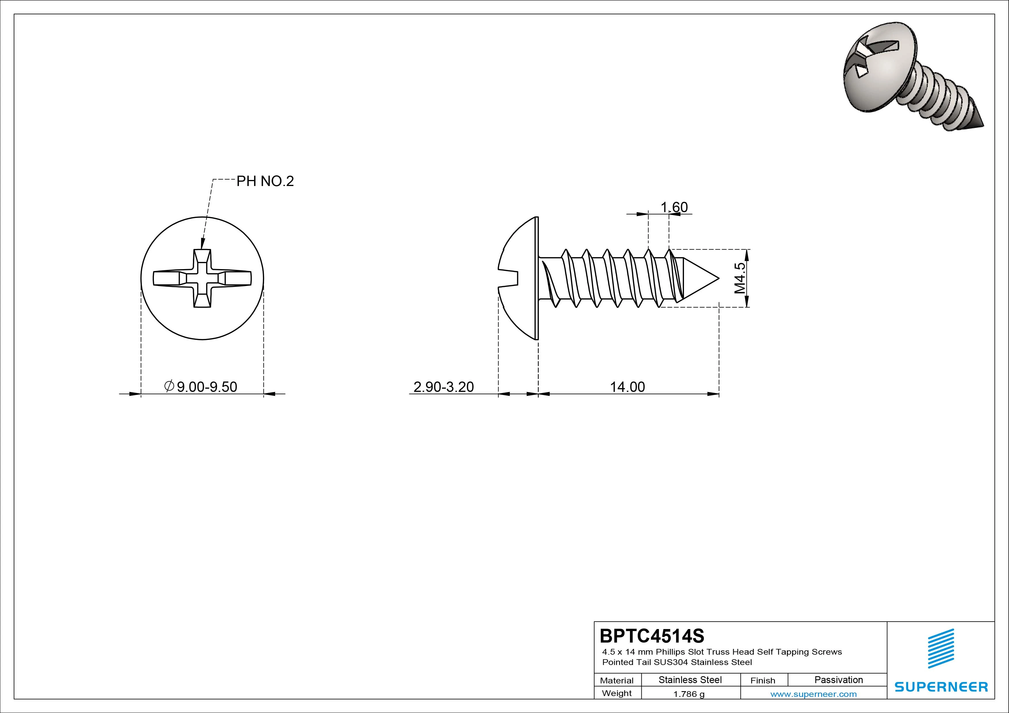 4.5 x 14mm Phillips Slot Truss Head Self Tapping Screws Pointed Tail SUS304 Stainless Steel
