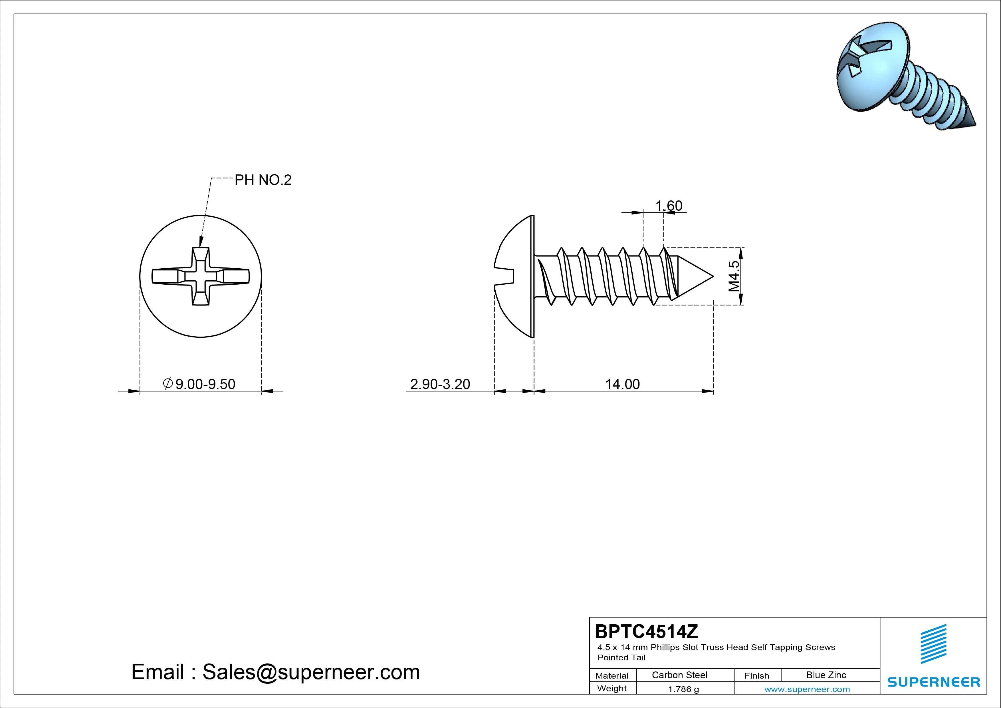 4.5 x 14mm Phillips Slot Truss Head Self Tapping Screws Pointed Tail Steel Blue Zinc Plated