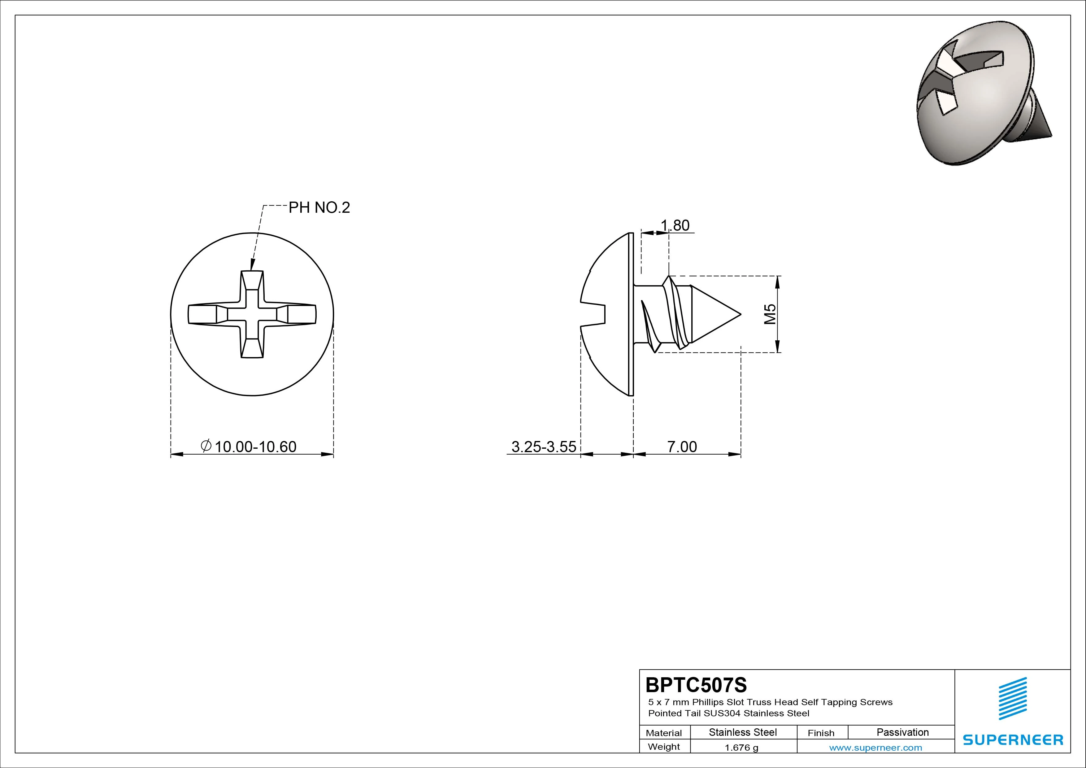 5 x 7mm Phillips Slot Truss Head Self Tapping Screws Pointed Tail SUS304 Stainless Steel