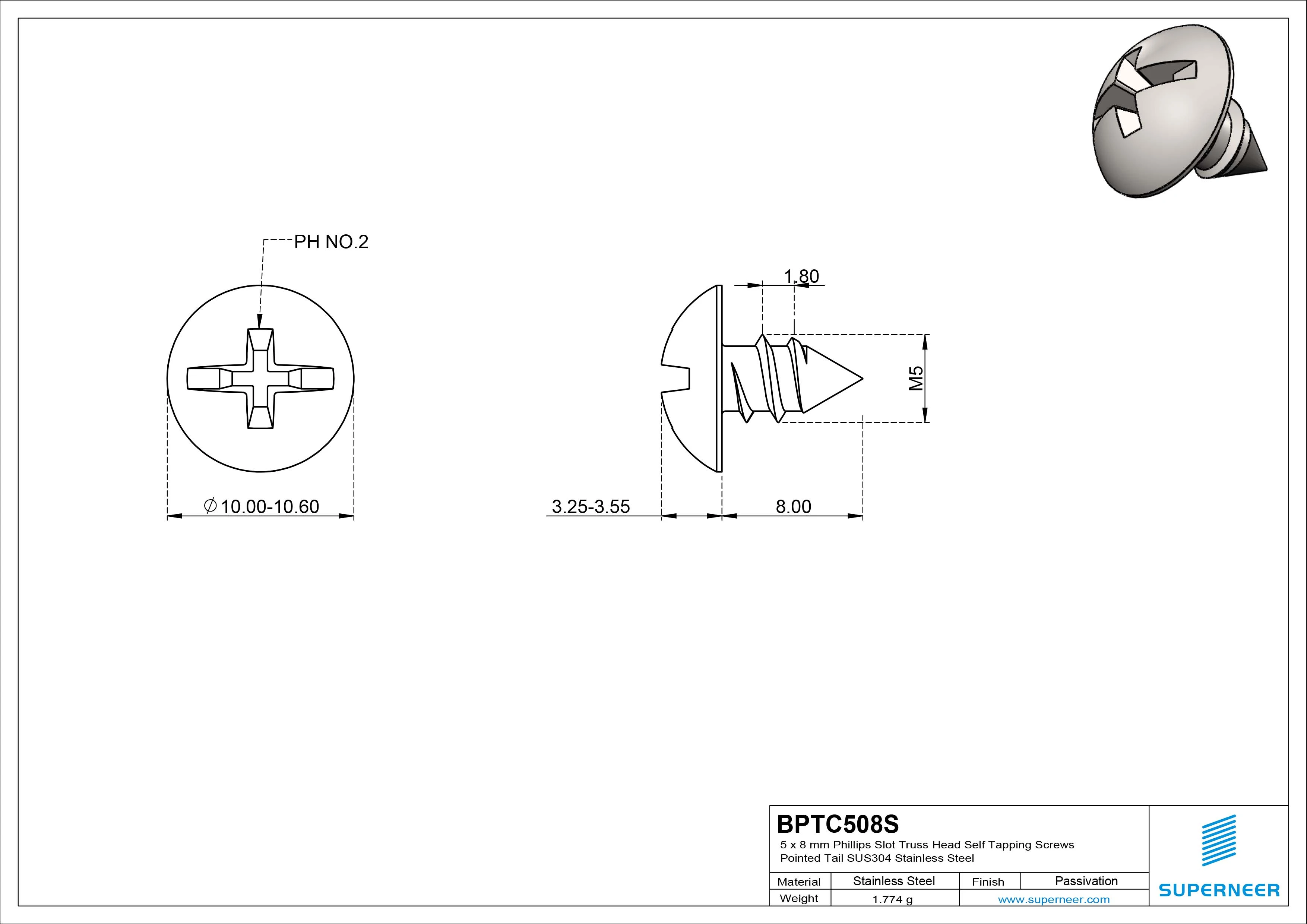 5 x 8mm Phillips Slot Truss Head Self Tapping Screws Pointed Tail SUS304 Stainless Steel