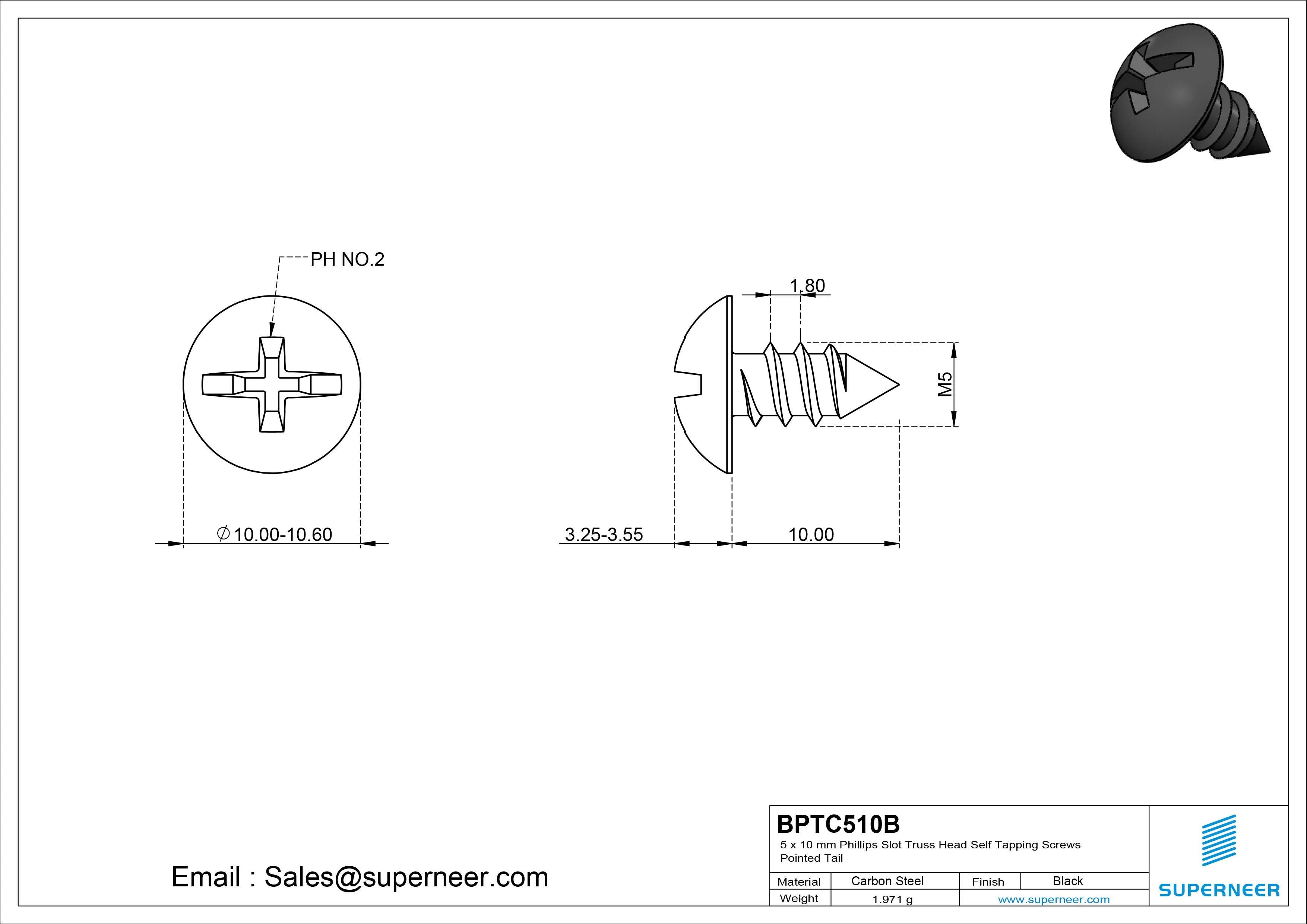 5 x 10mm Phillips Slot Truss Head Self Tapping Screws Pointed Tail Steel Black Zinc Plated