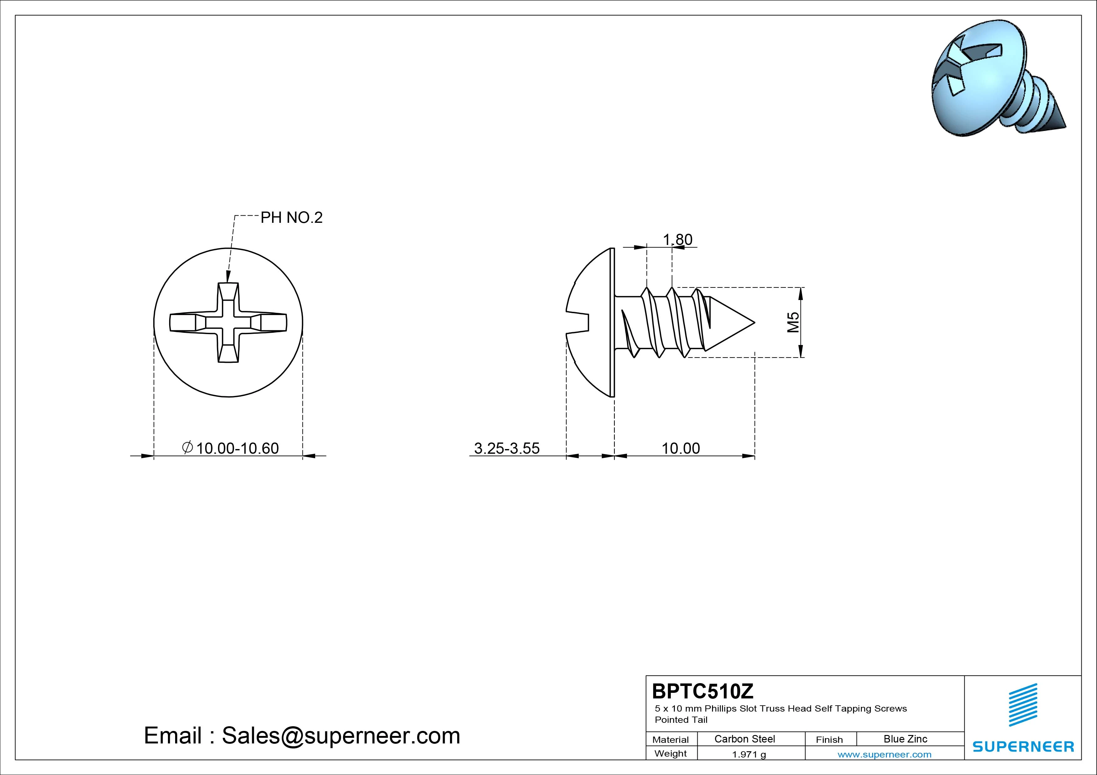 5 x 10mm Phillips Slot Truss Head Self Tapping Screws Pointed Tail Steel Blue Zinc Plated