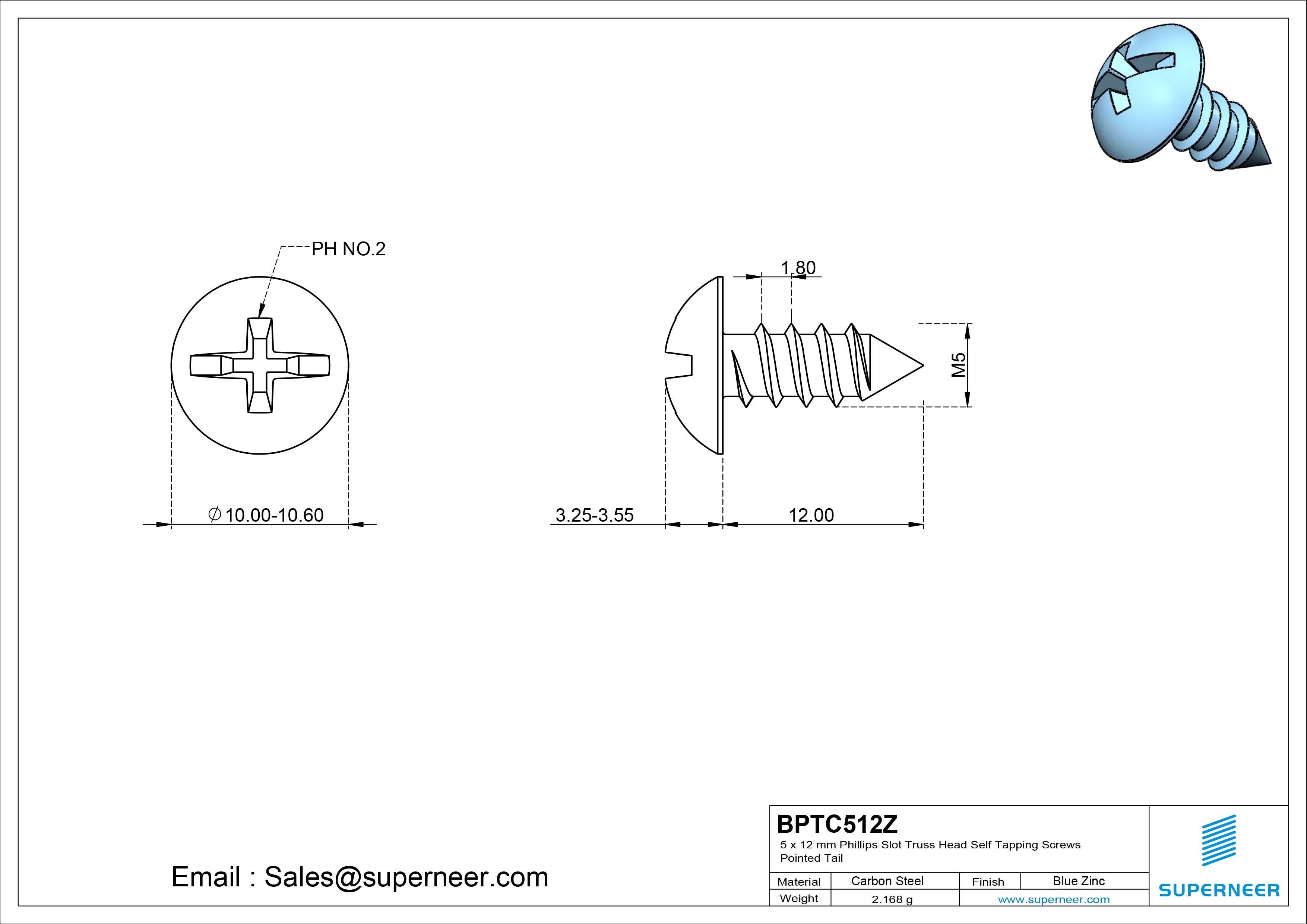 5 x 12mm Phillips Slot Truss Head Self Tapping Screws Pointed Tail Steel Blue Zinc Plated