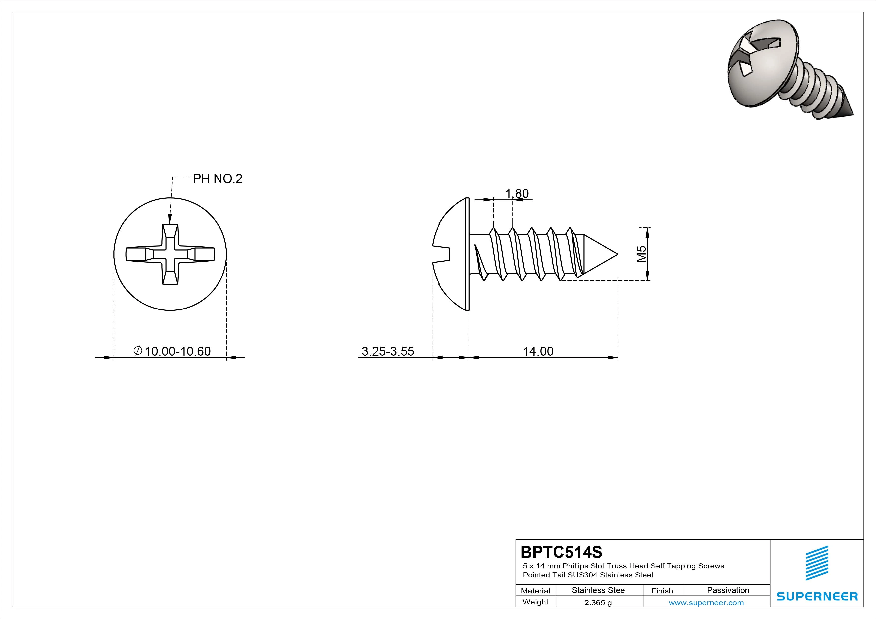 5 x 14mm Phillips Slot Truss Head Self Tapping Screws Pointed Tail SUS304 Stainless Steel