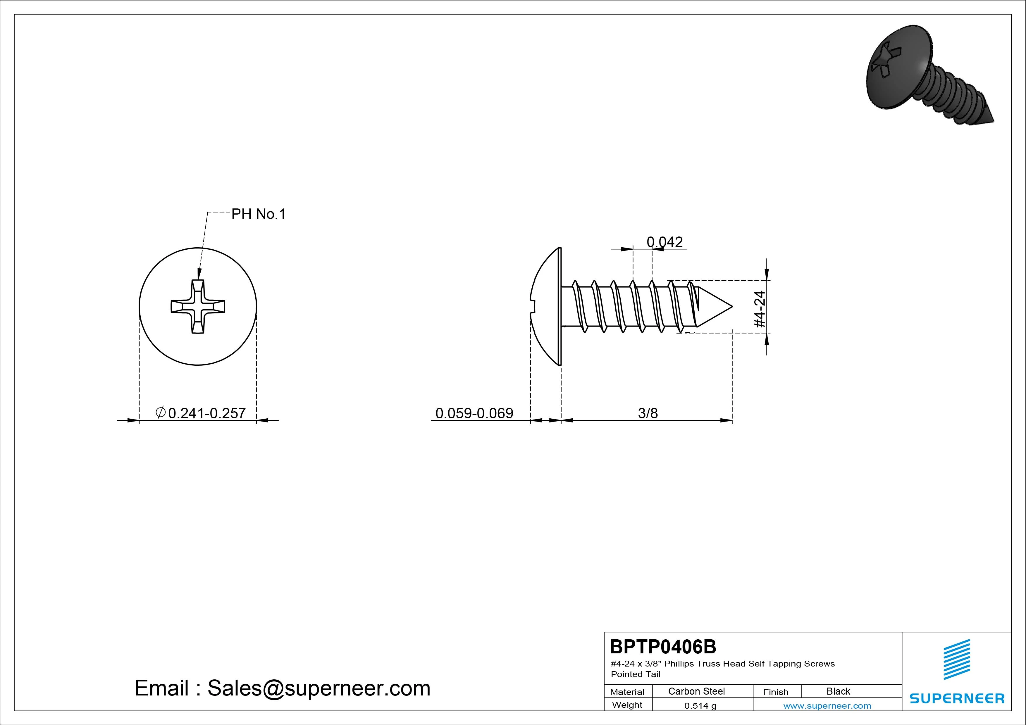 #4-24 x 3/8" Phillips Truss Head Self Tapping Screws Pointed Tail Steel Black Zinc Plated