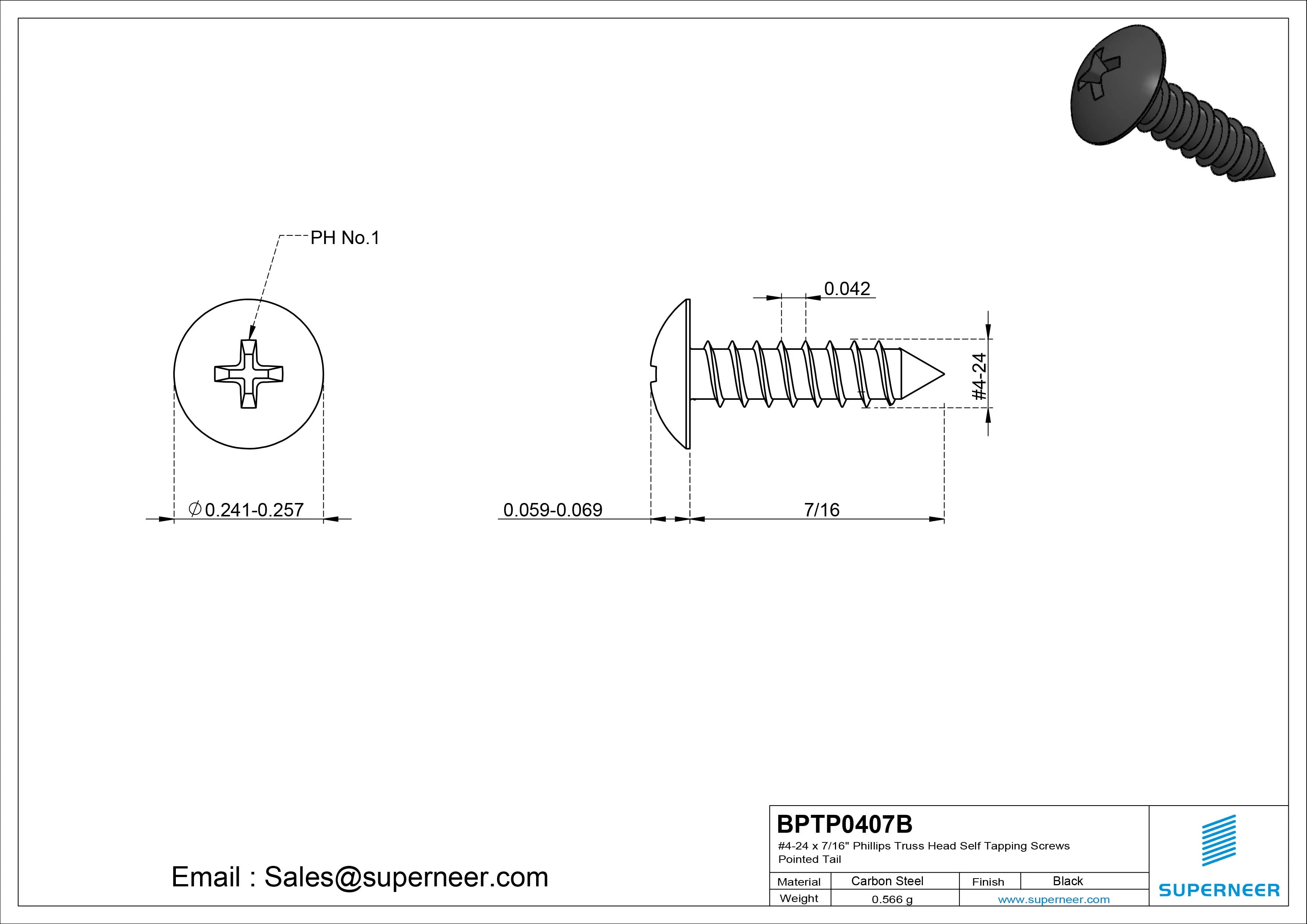 #4-24 x 7/16" Phillips Truss Head Self Tapping Screws Pointed Tail Steel Black Zinc Plated