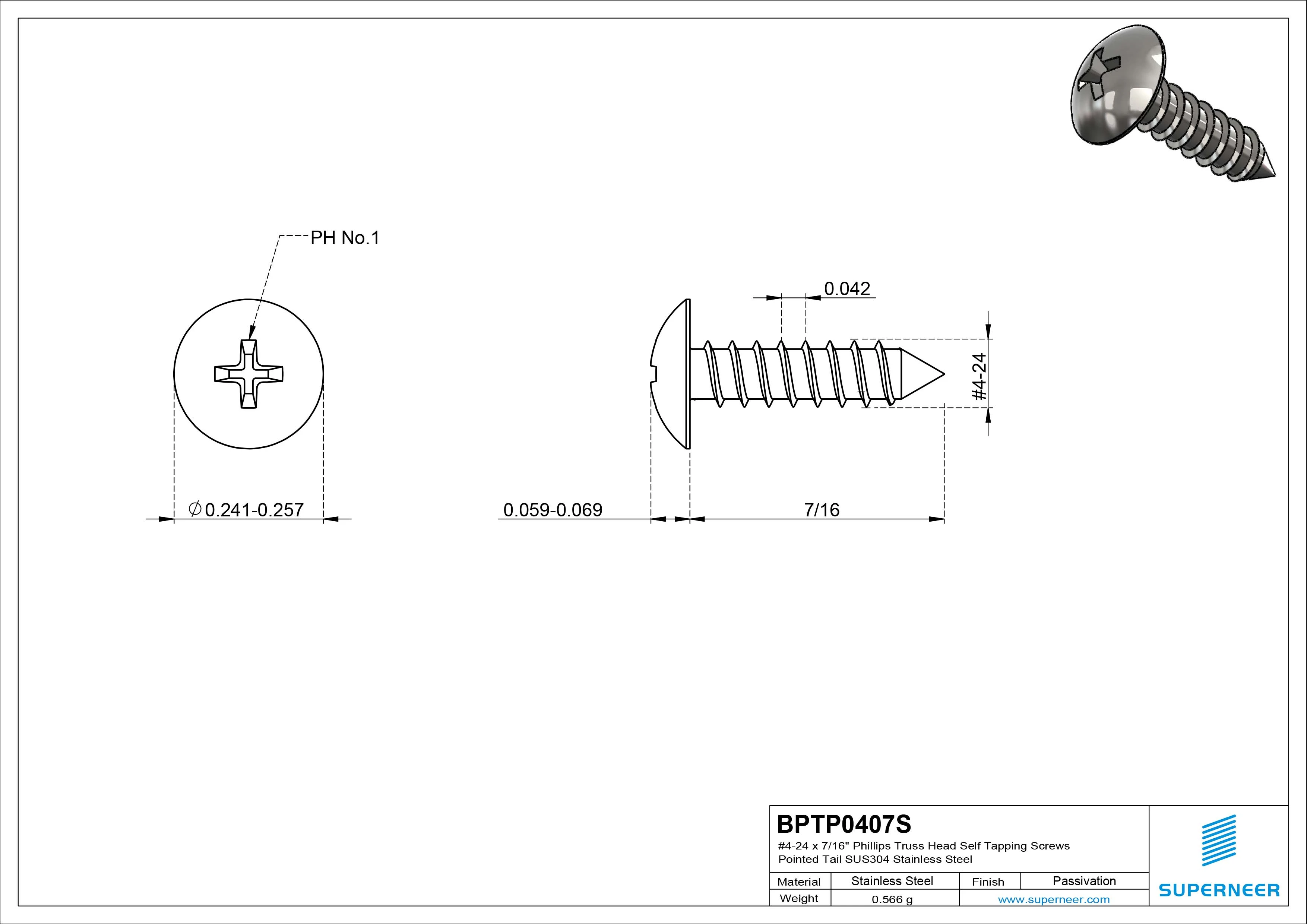 #4-24 x 7/16" Phillips Truss Head Self Tapping Screws Pointed Tail SUS304 Stainless Steel