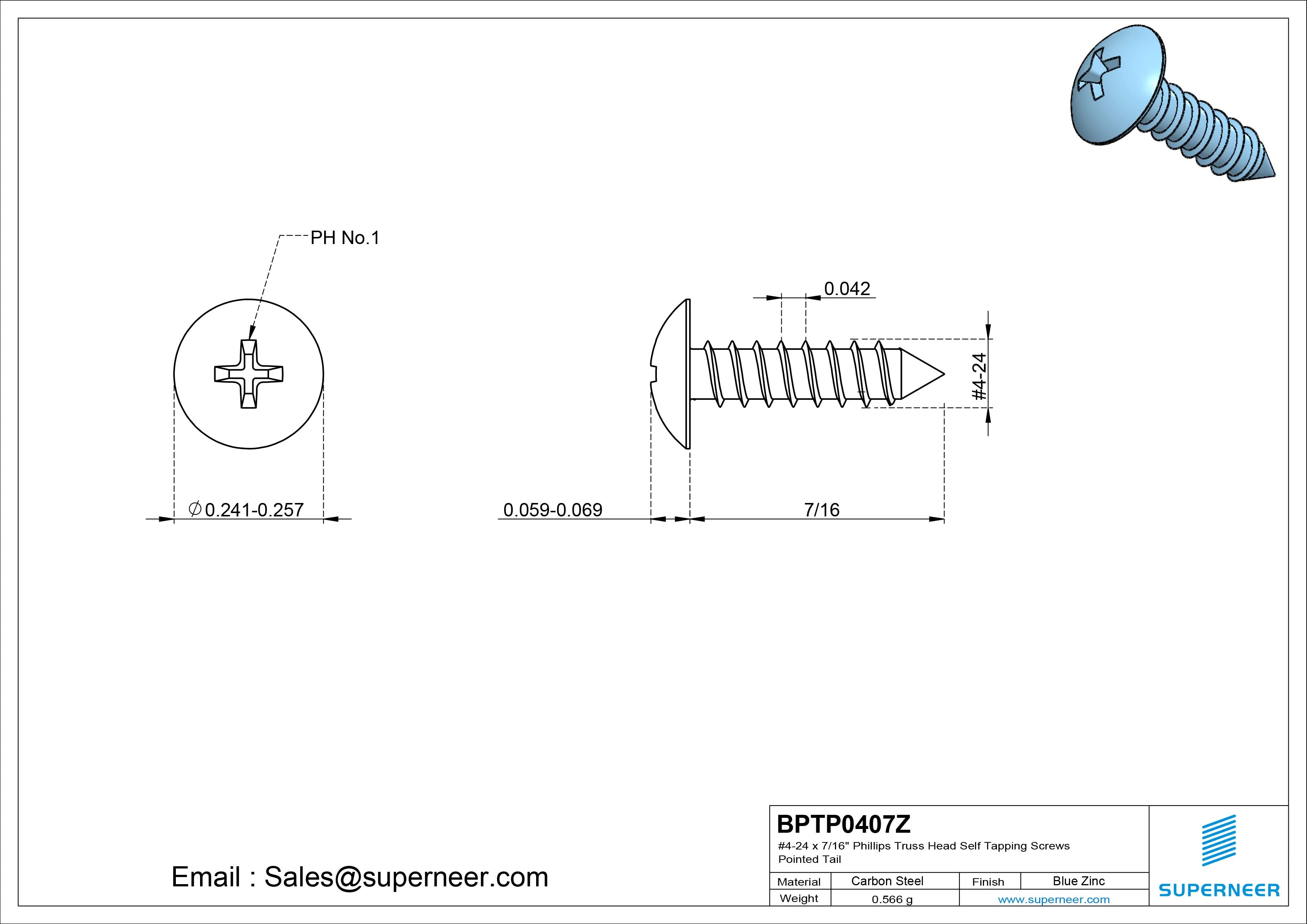 #4-24 x 7/16" Phillips Truss Head Self Tapping Screws Pointed Tail Steel Blue Zinc Plated