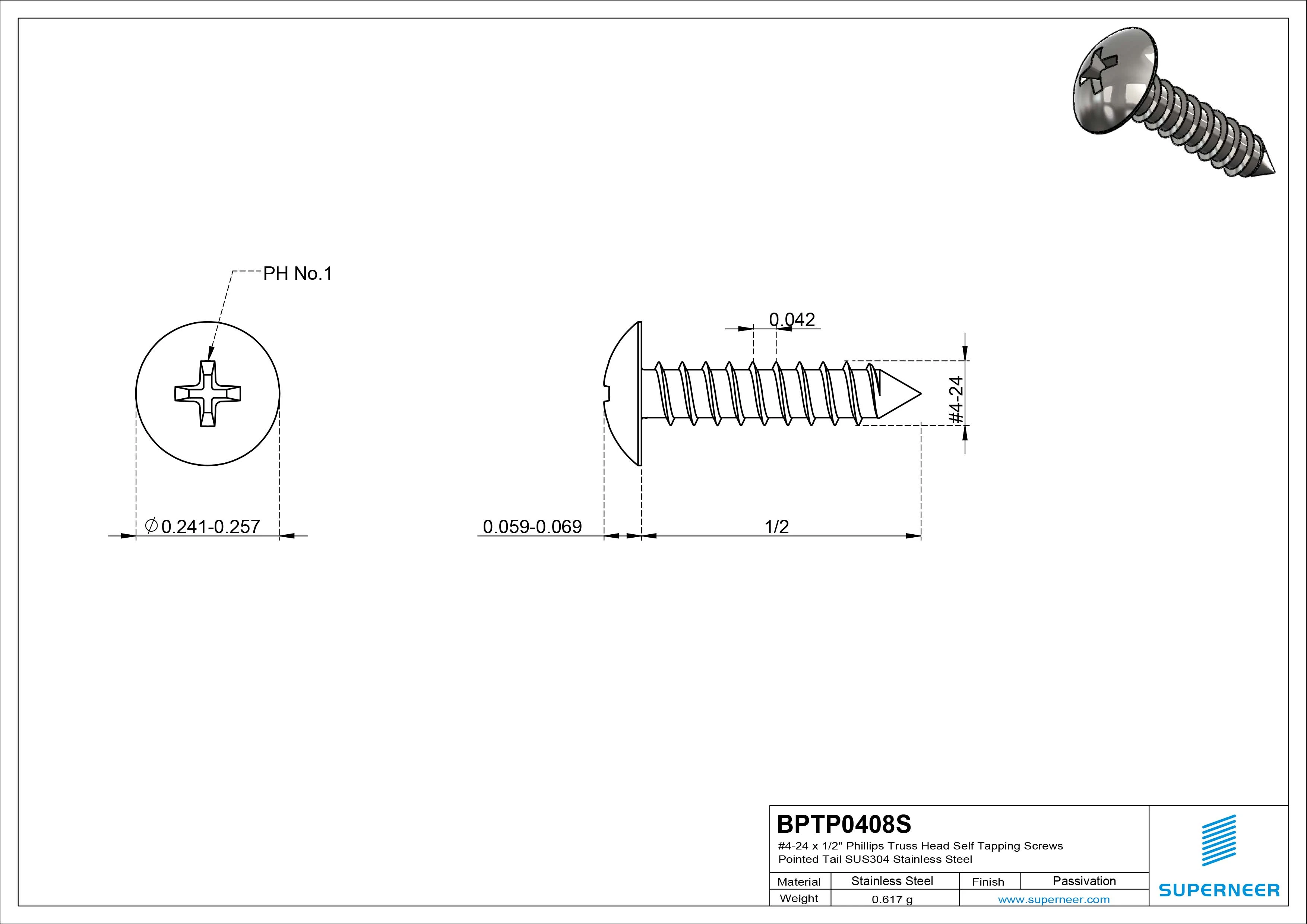 #4-24 x 1/2" Phillips Truss Head Self Tapping Screws Pointed Tail SUS304 Stainless Steel