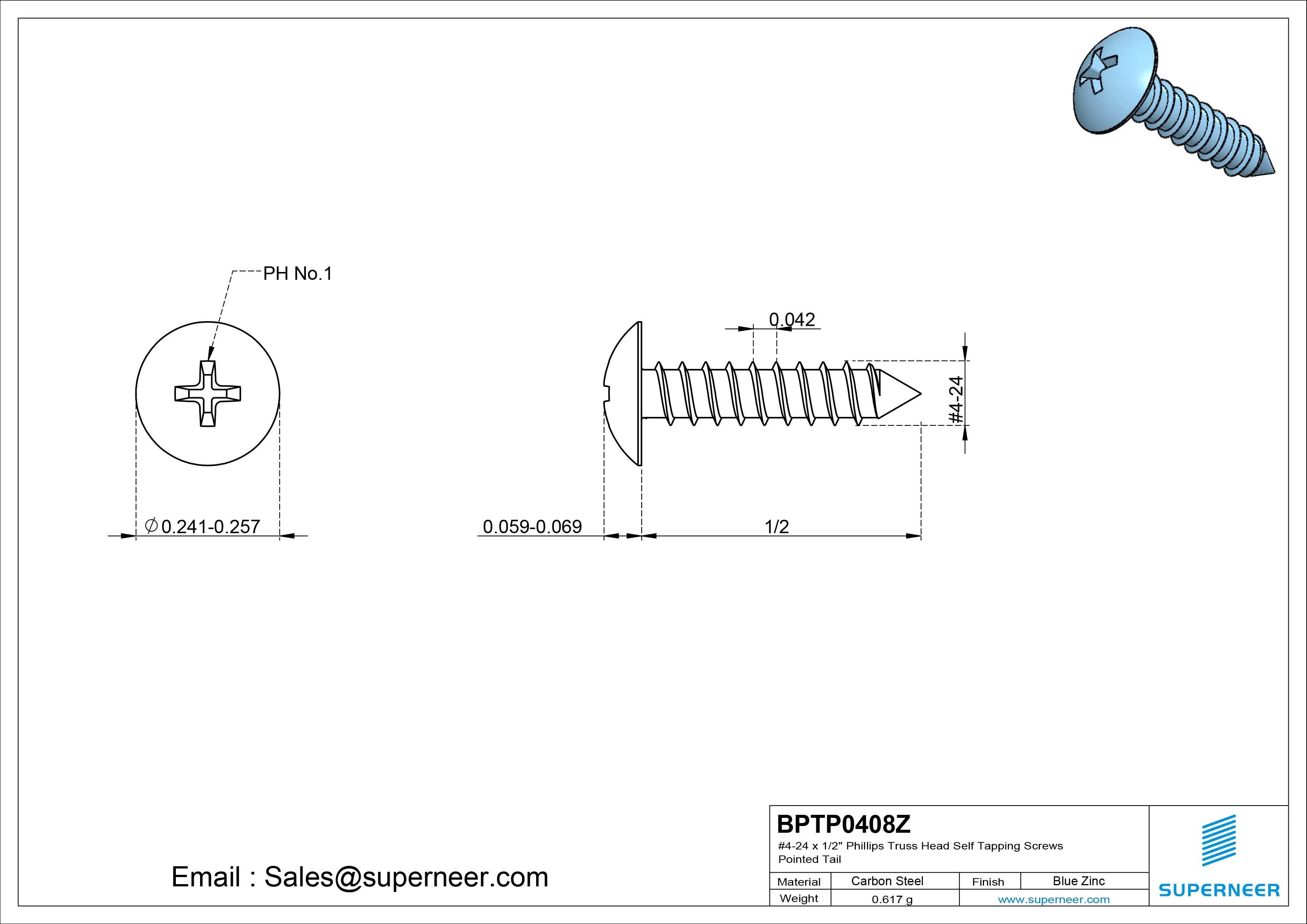 #4-24 x 1/2" Phillips Truss Head Self Tapping Screws Pointed Tail Steel Blue Zinc Plated