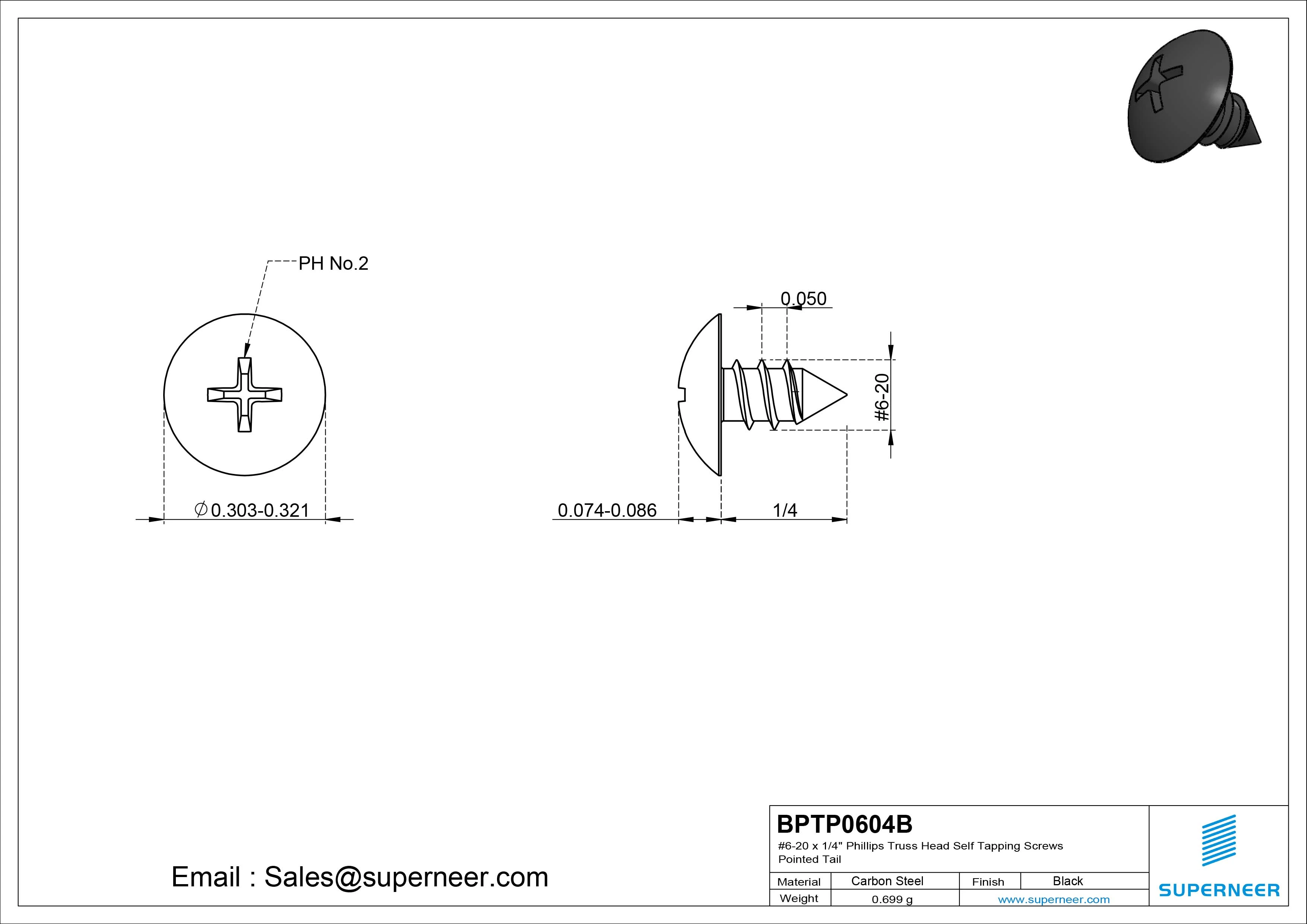 #6-20 x 1/4" Phillips Truss Head Self Tapping Screws Pointed Tail Steel Black Zinc Plated