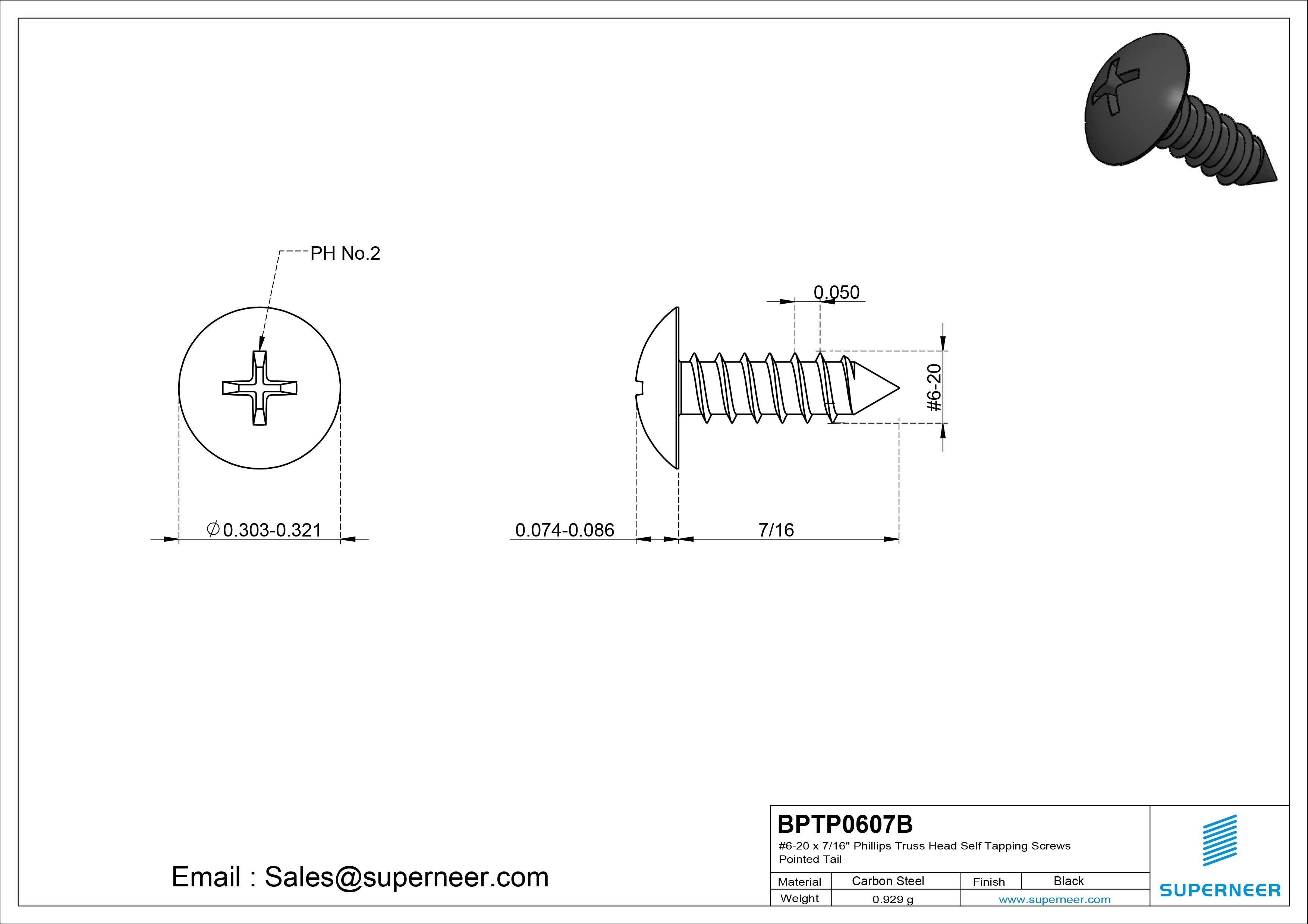 #6-20 x 7/16" Phillips Truss Head Self Tapping Screws Pointed Tail Steel Black Zinc Plated