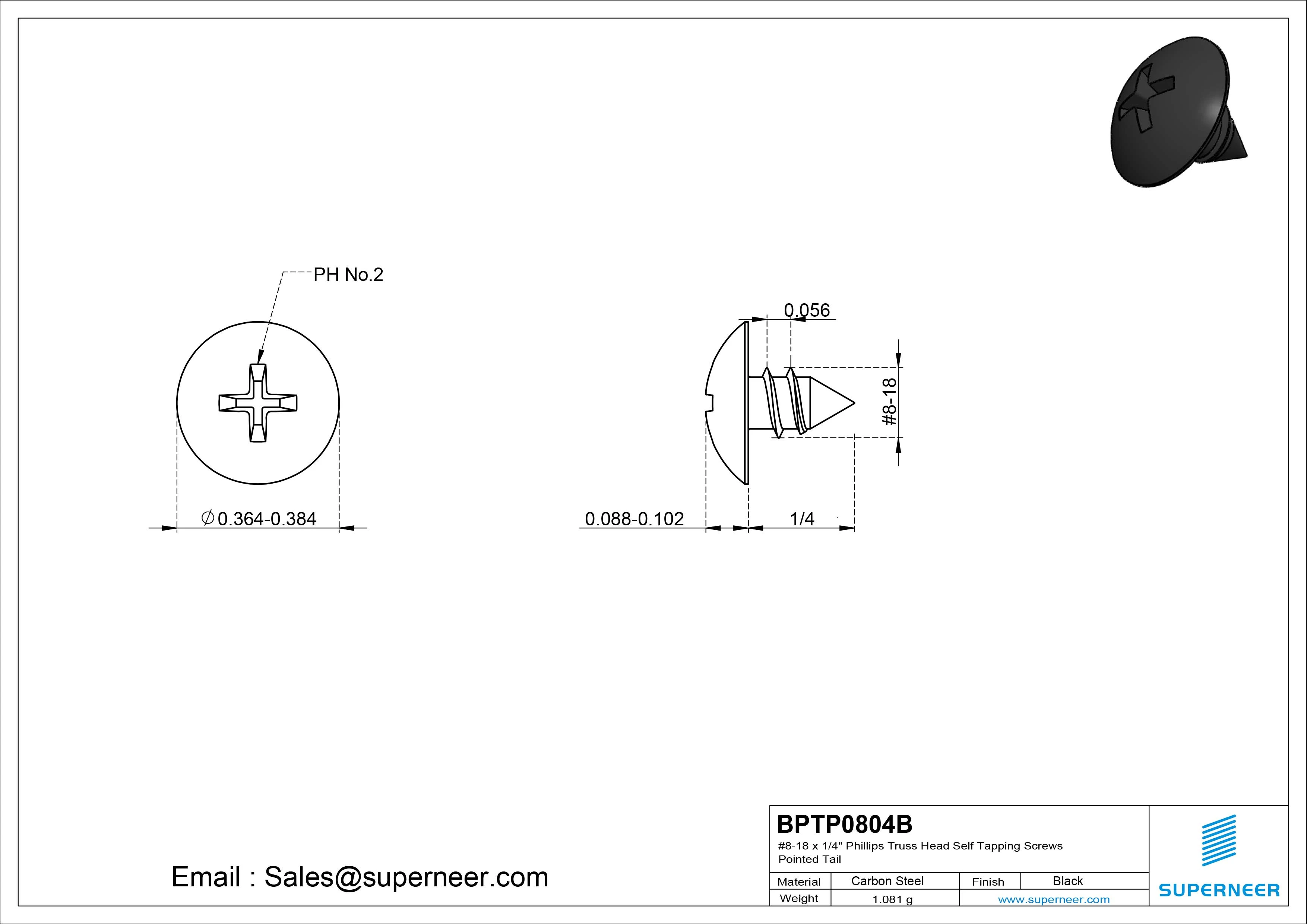 #8-18 x 1/4" Phillips Truss Head Self Tapping Screws Pointed Tail Steel Black Zinc Plated