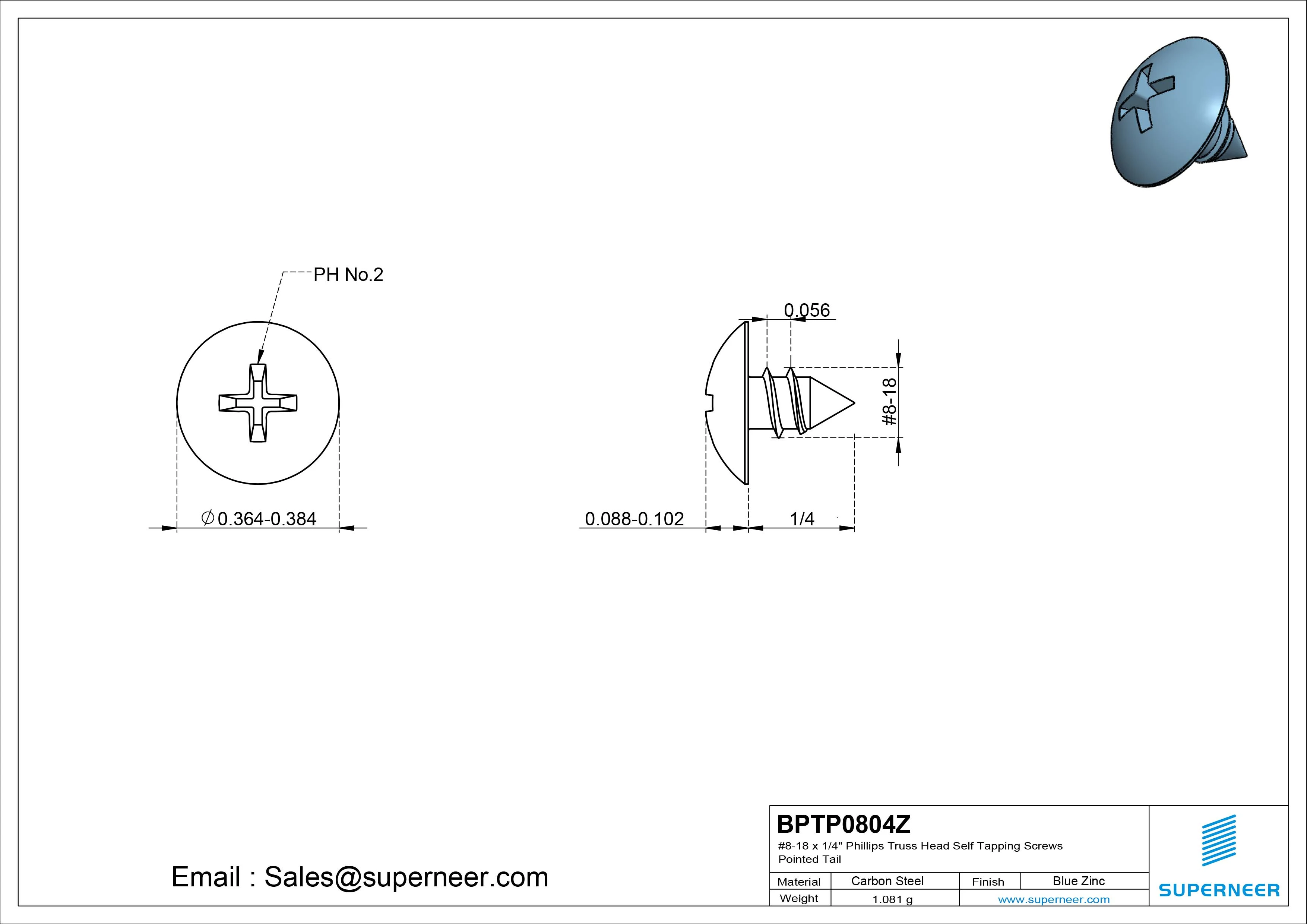 #8-18 x 1/4" Phillips Truss Head Self Tapping Screws Pointed Tail Steel Blue Zinc Plated