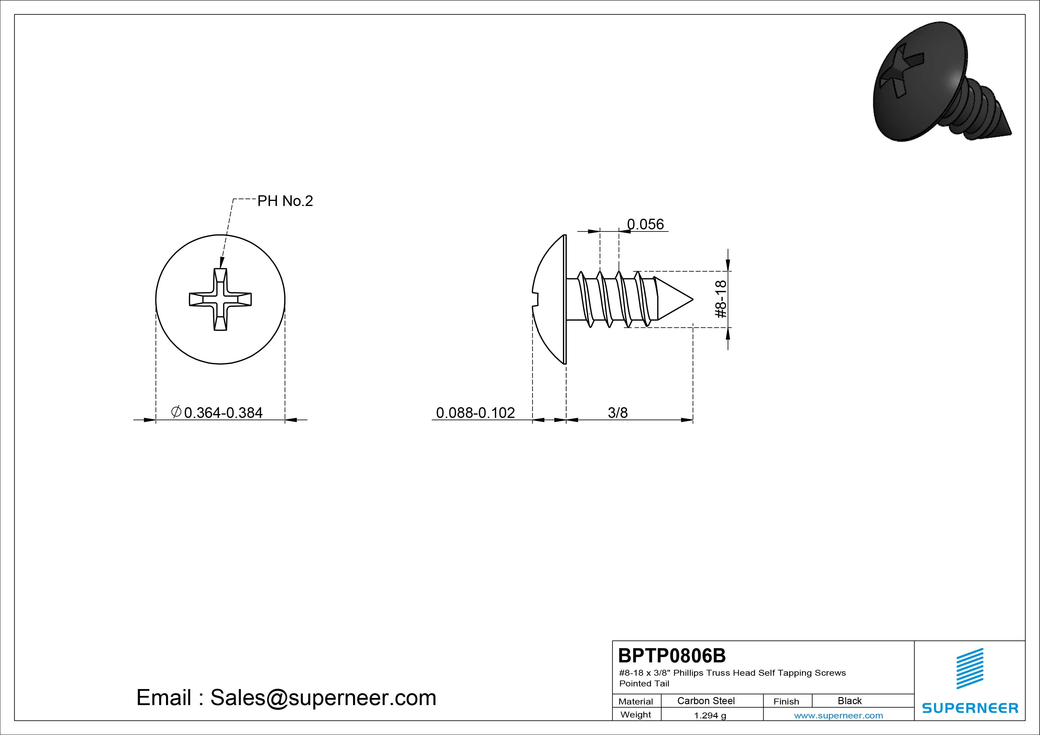 #8-18 x 3/8" Phillips Truss Head Self Tapping Screws Pointed Tail Steel Black Zinc Plated