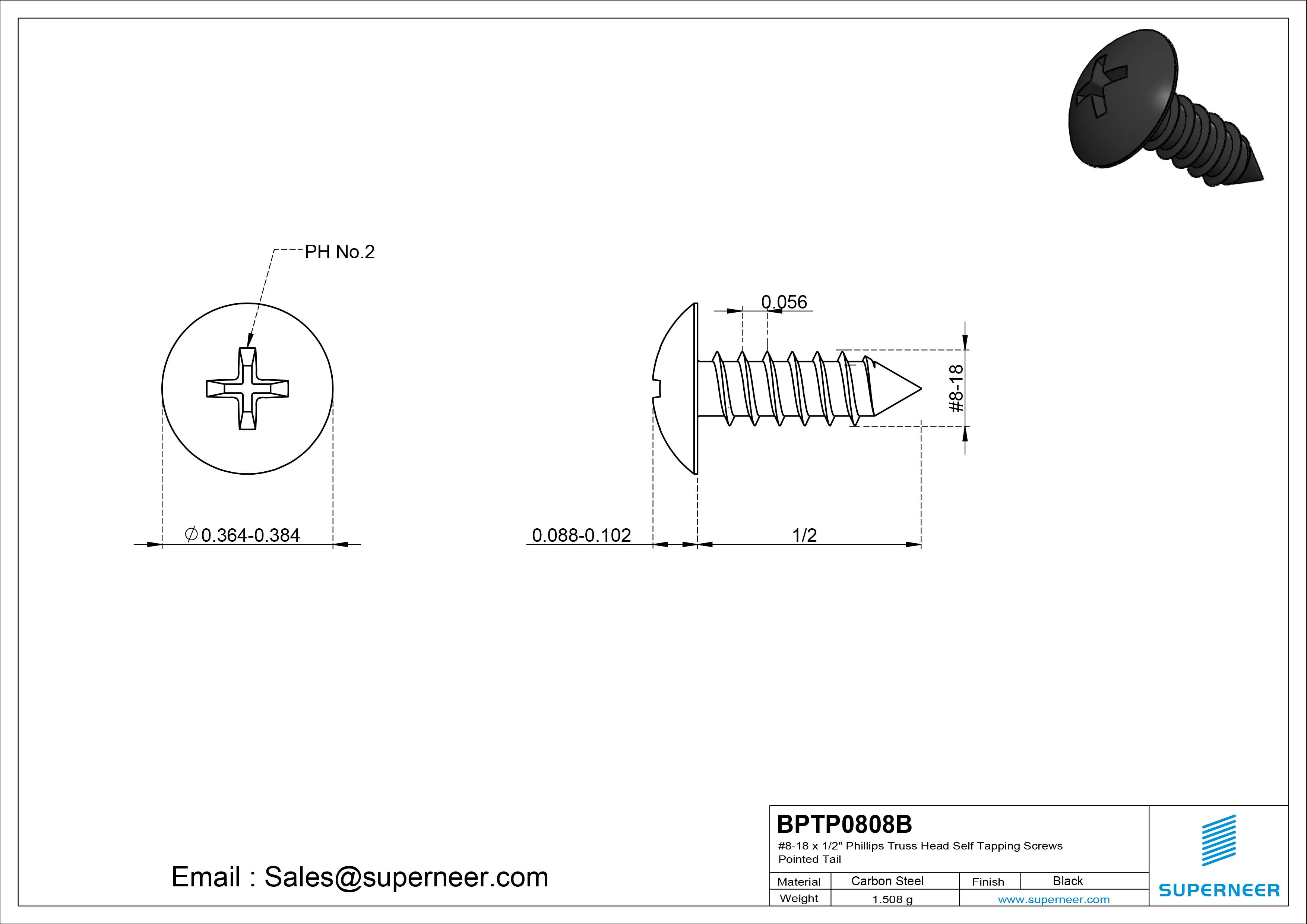 #8-18 x 1/2" Phillips Truss Head Self Tapping Screws Pointed Tail Steel Black Zinc Plated