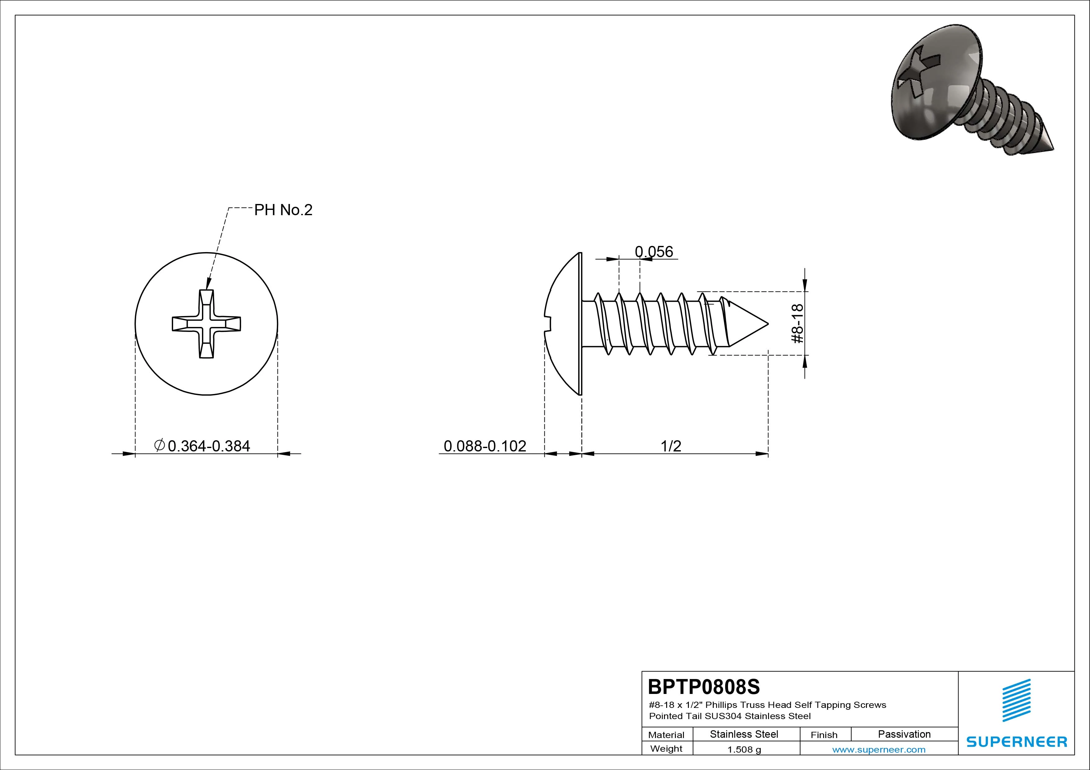 #8-18 x 1/2" Phillips Truss Head Self Tapping Screws Pointed Tail SUS304 Stainless Steel