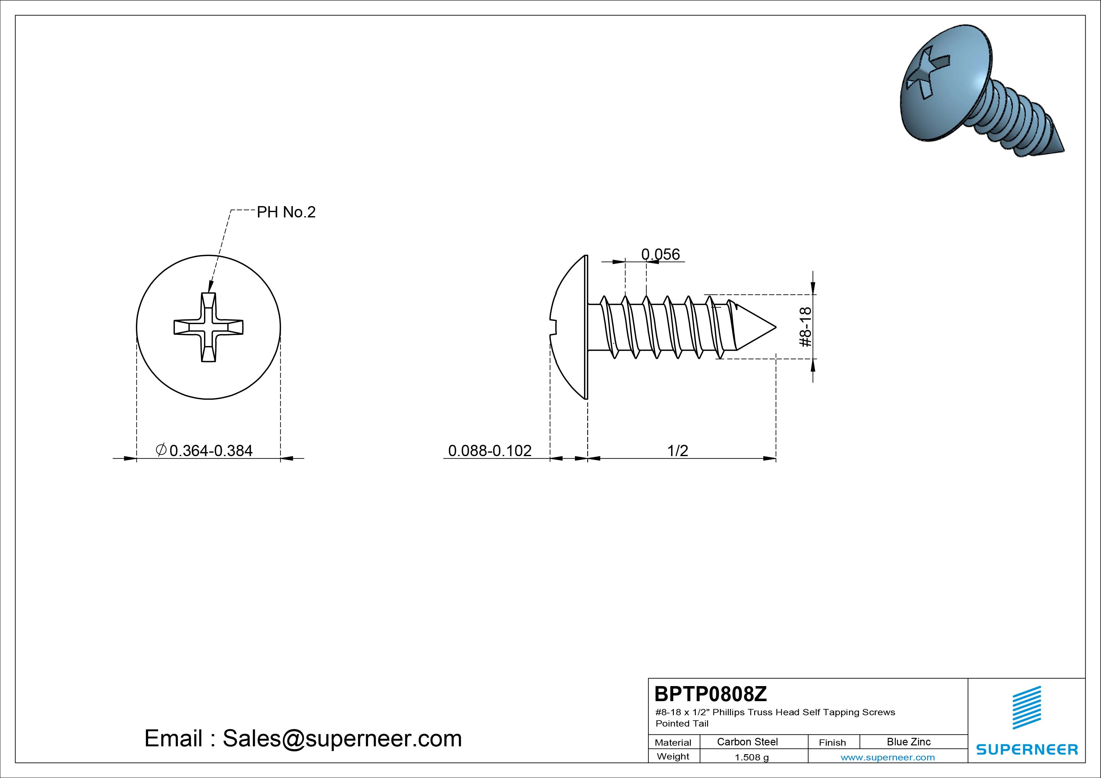 #8-18 x 1/2" Phillips Truss Head Self Tapping Screws Pointed Tail Steel Blue Zinc Plated